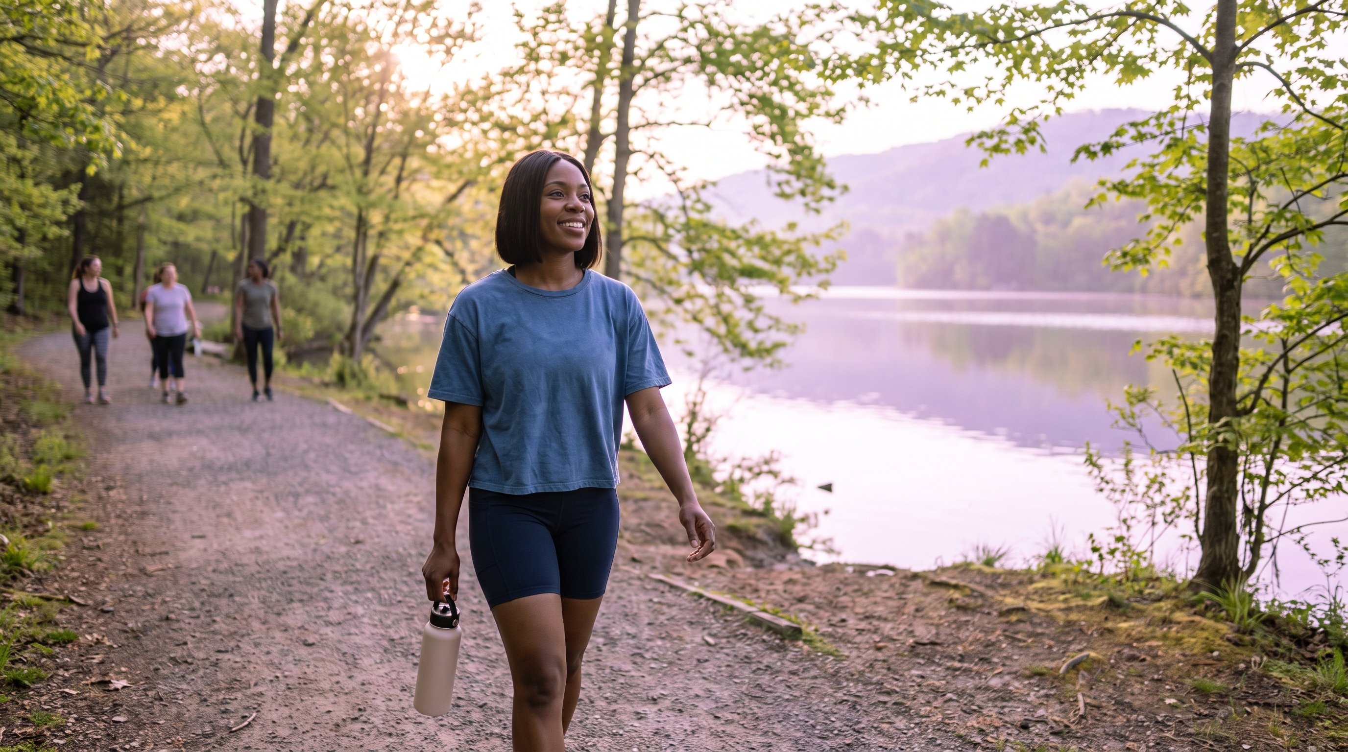 person smiling while walking through city street during morning commute