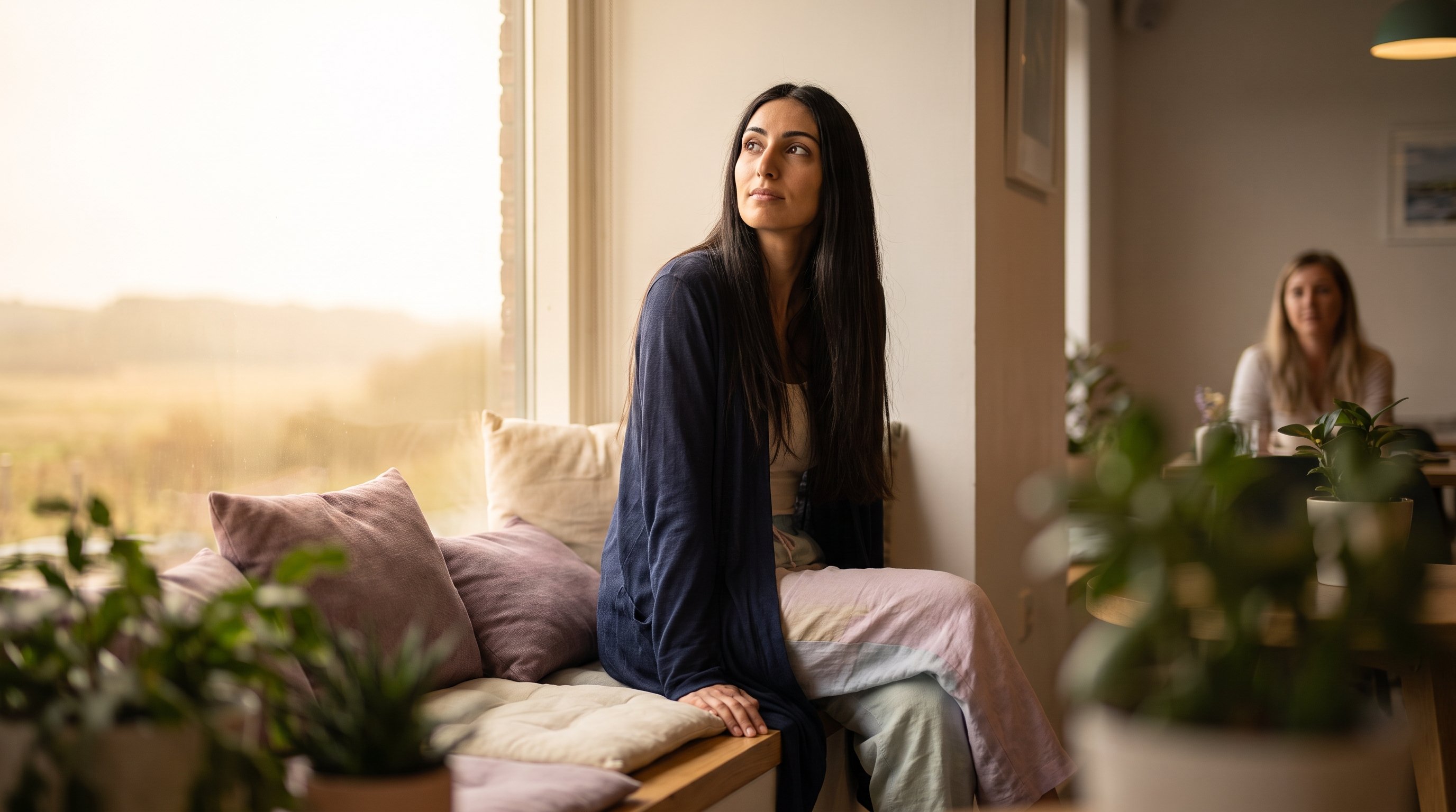 woman writing in notebook at kitchen table in morning light