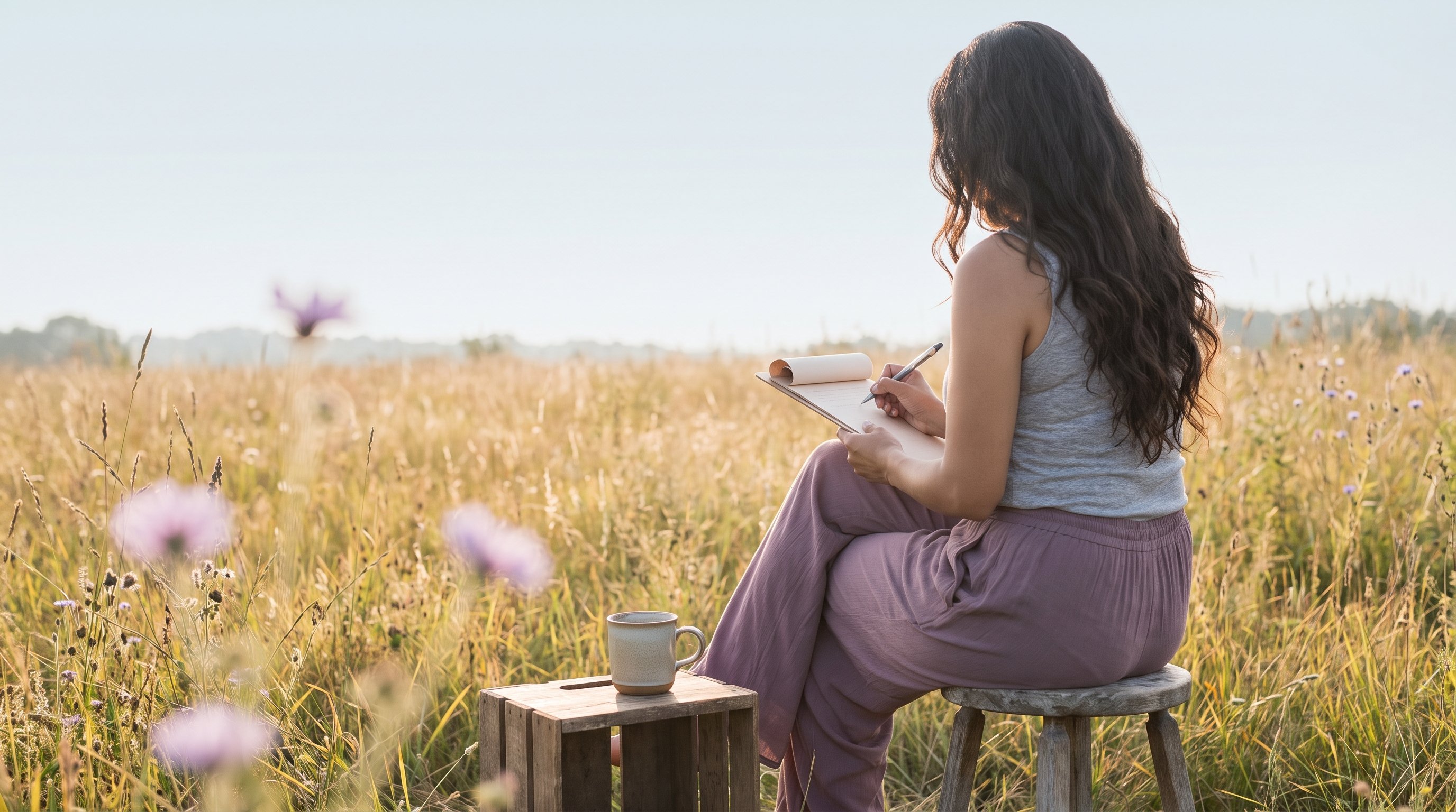 person writing in a journal at a kitchen table in the morning