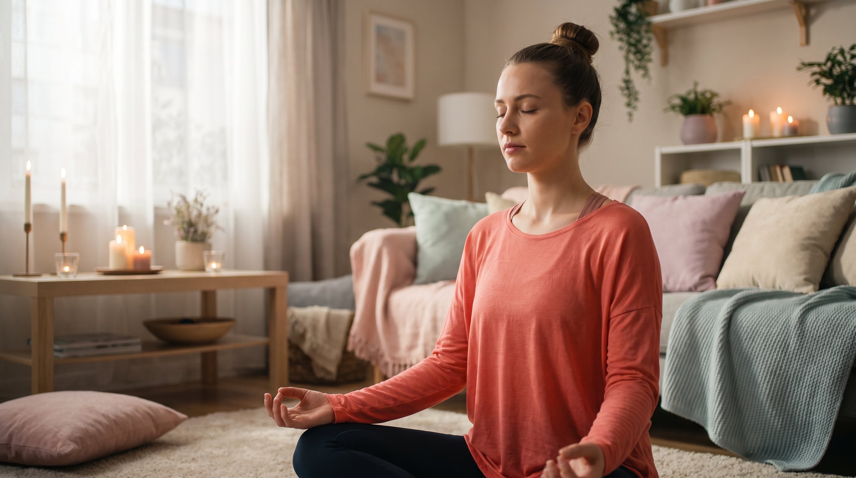 woman sitting cross-legged on a cushion with eyes closed