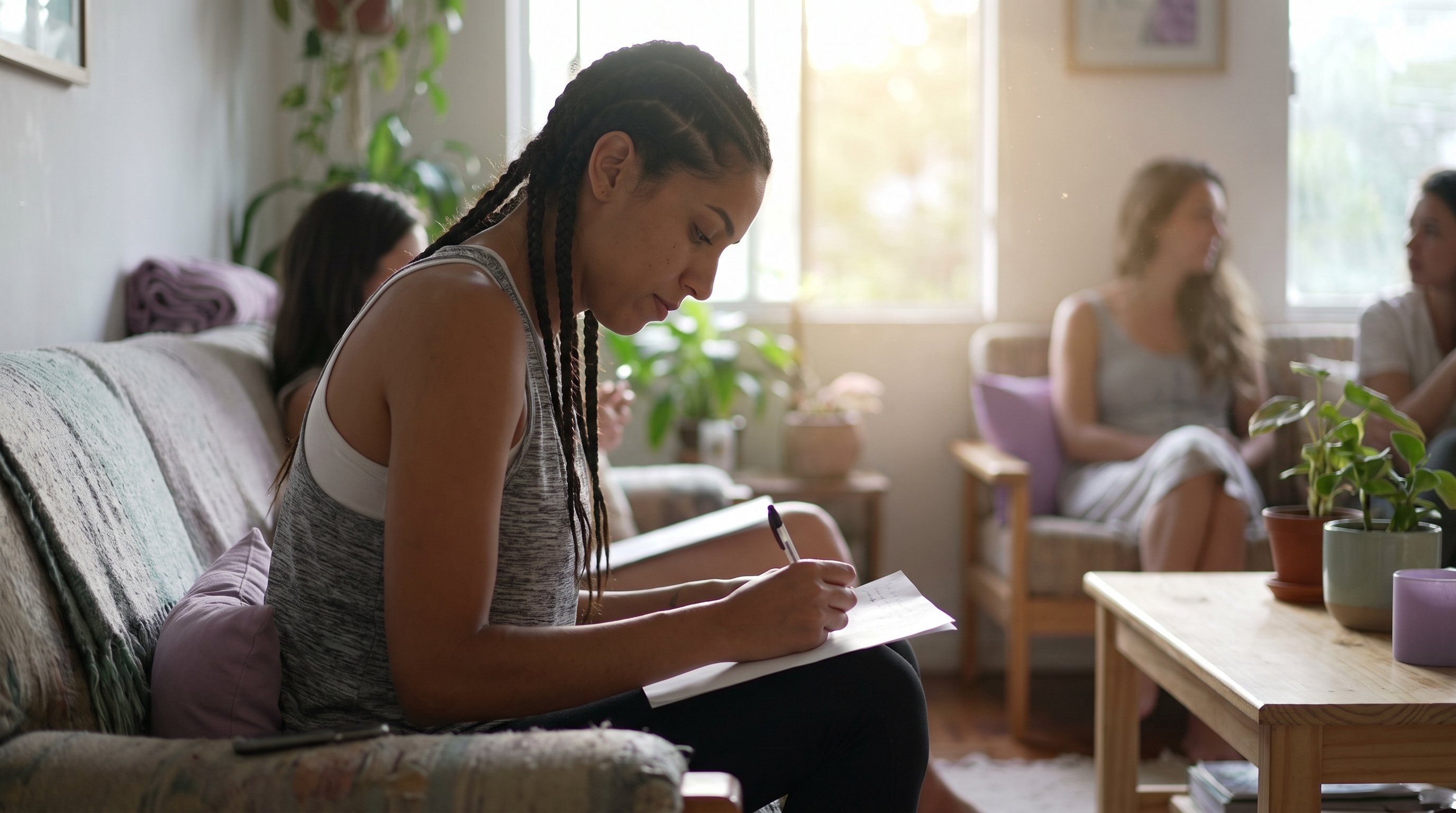 woman writing in notebook by window light