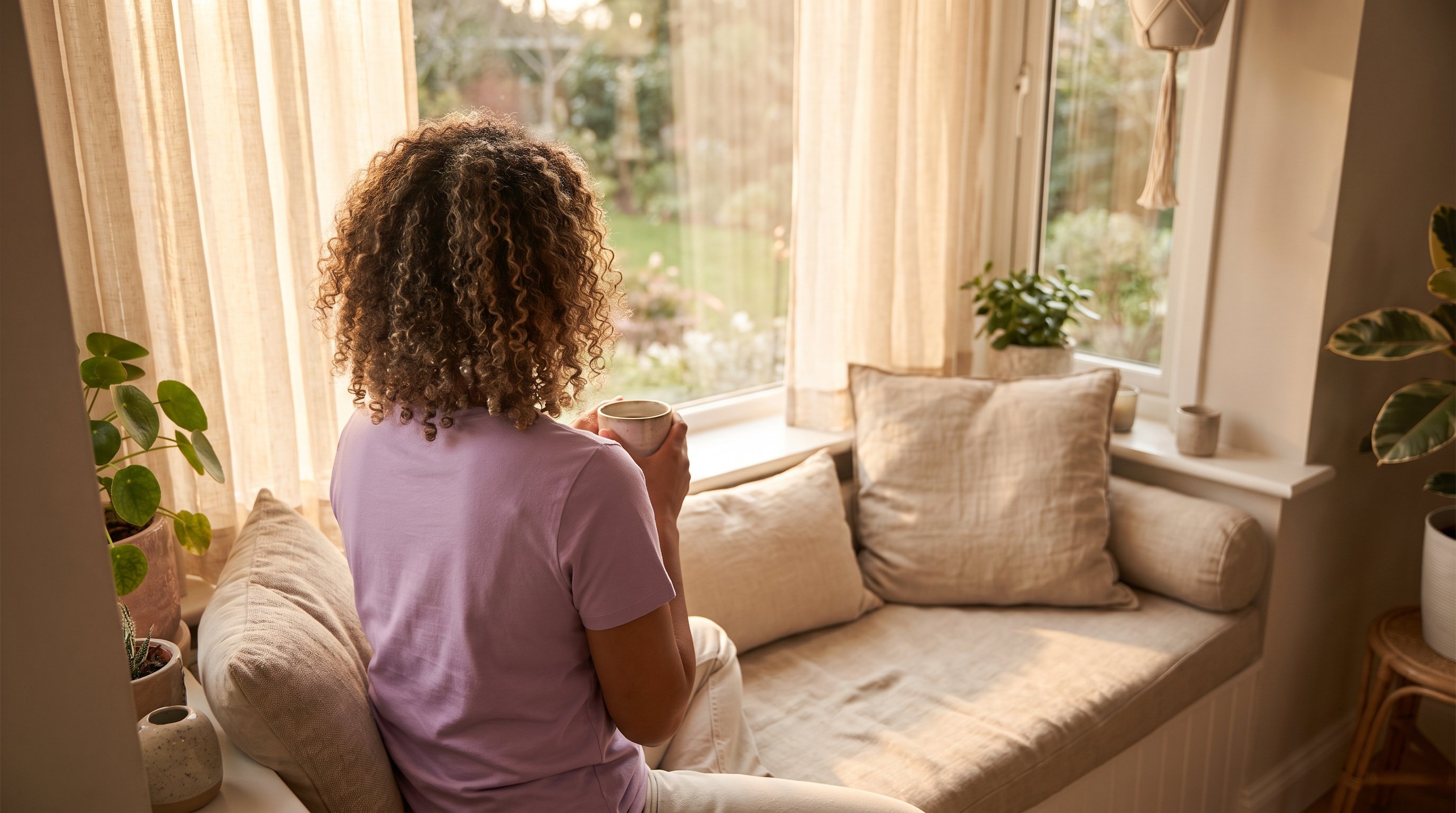 A woman in her late 20s in light flowing clothes in a bright bedroom in the evening