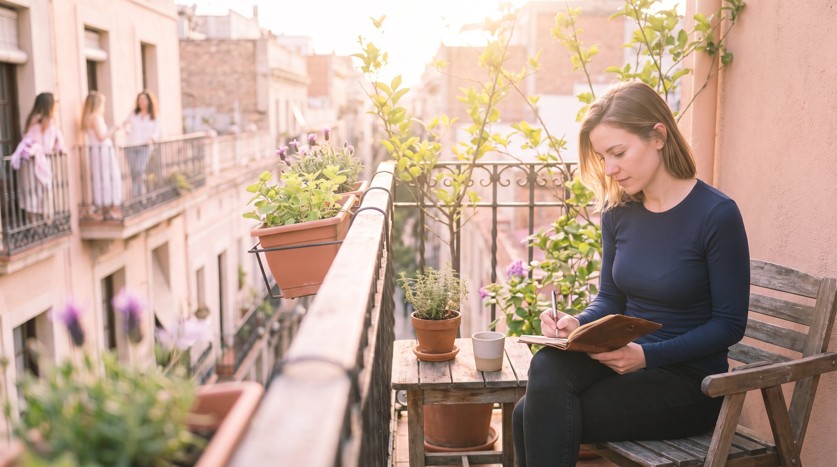 A woman in her late 20s in light flowing clothes writing in a journal at sunset