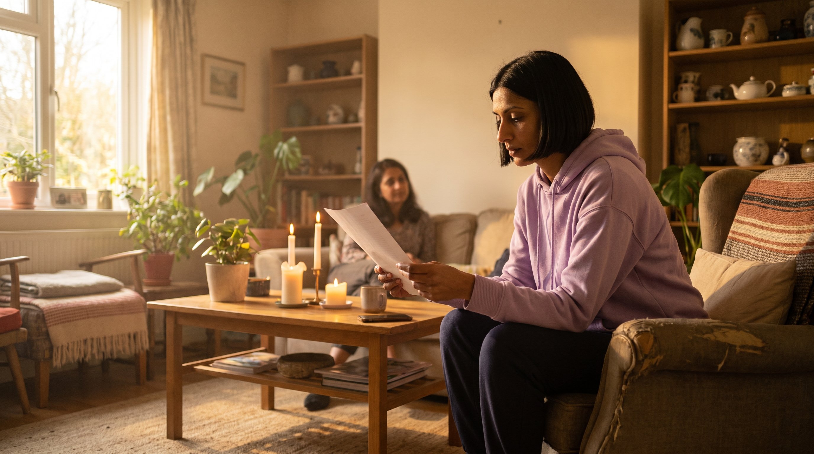 person reviewing a to-do list on a sofa in the evening