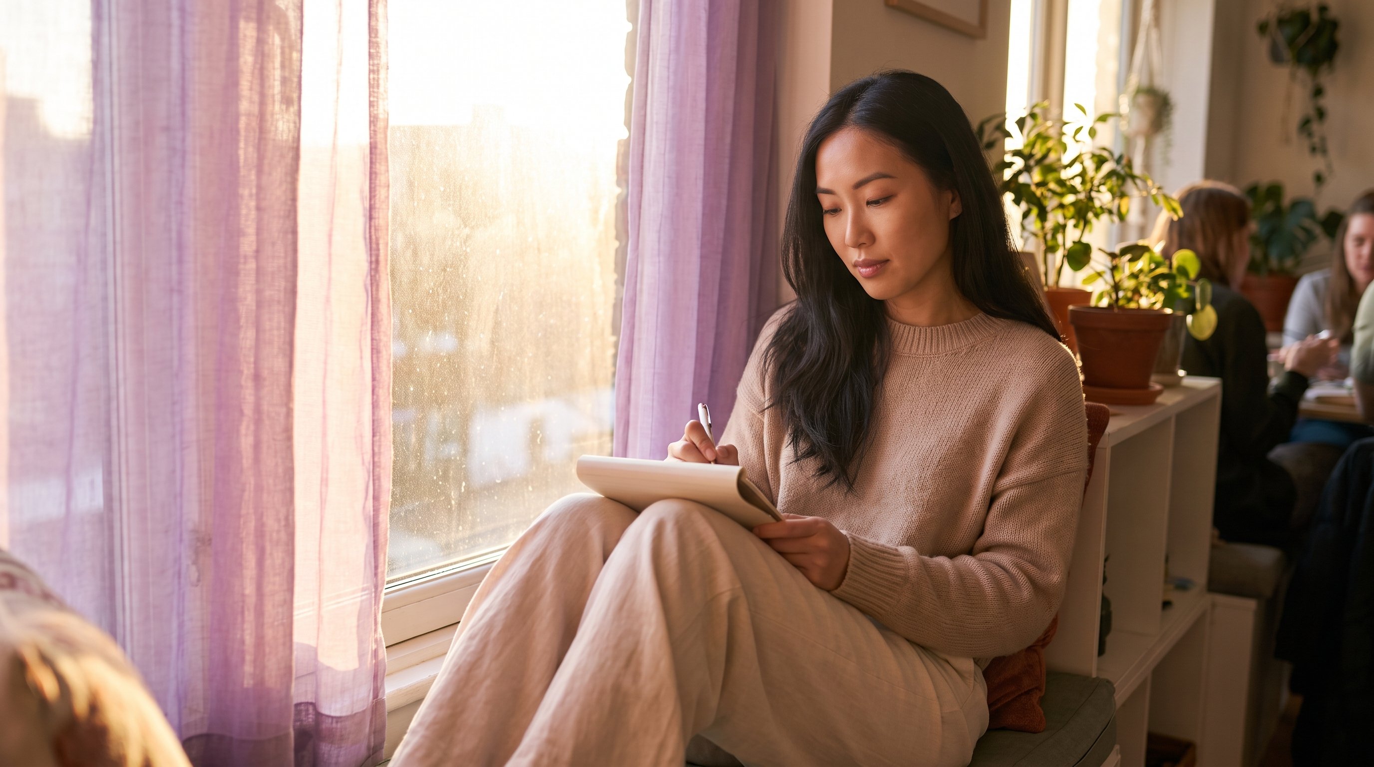woman writing in a notebook at a kitchen table
