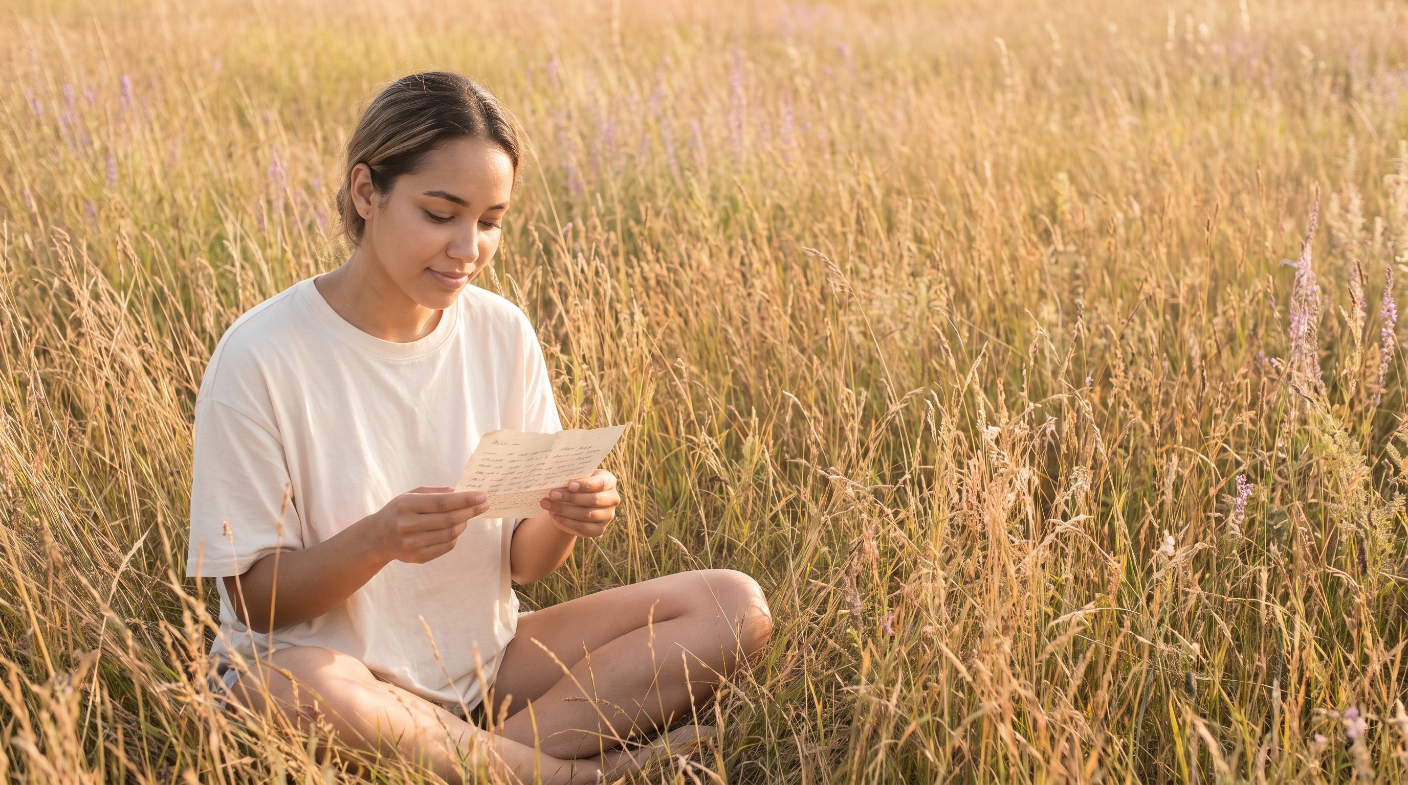 woman reading affirmation card by sunny window before work