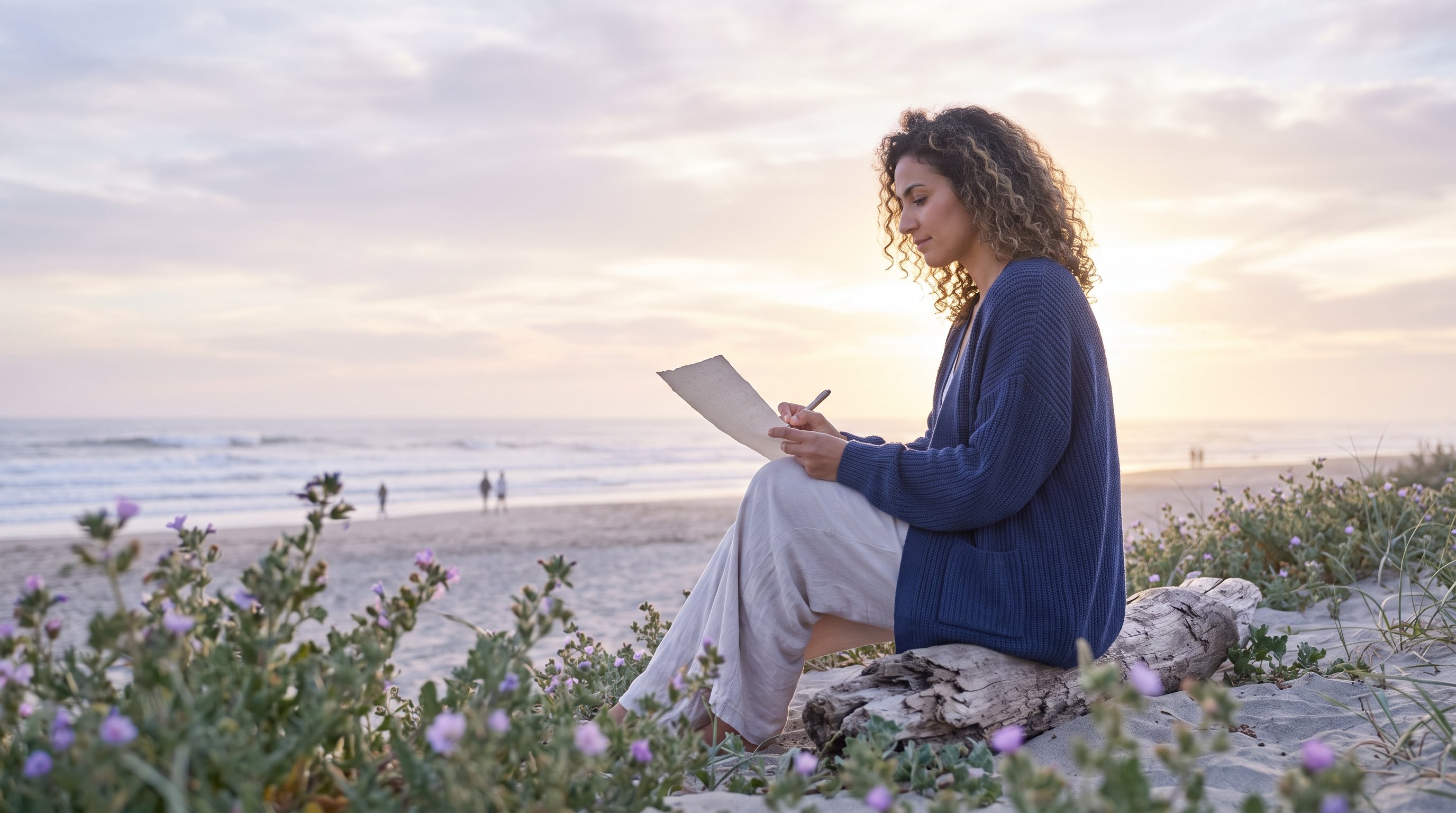 woman writing in notebook at kitchen table in morning light