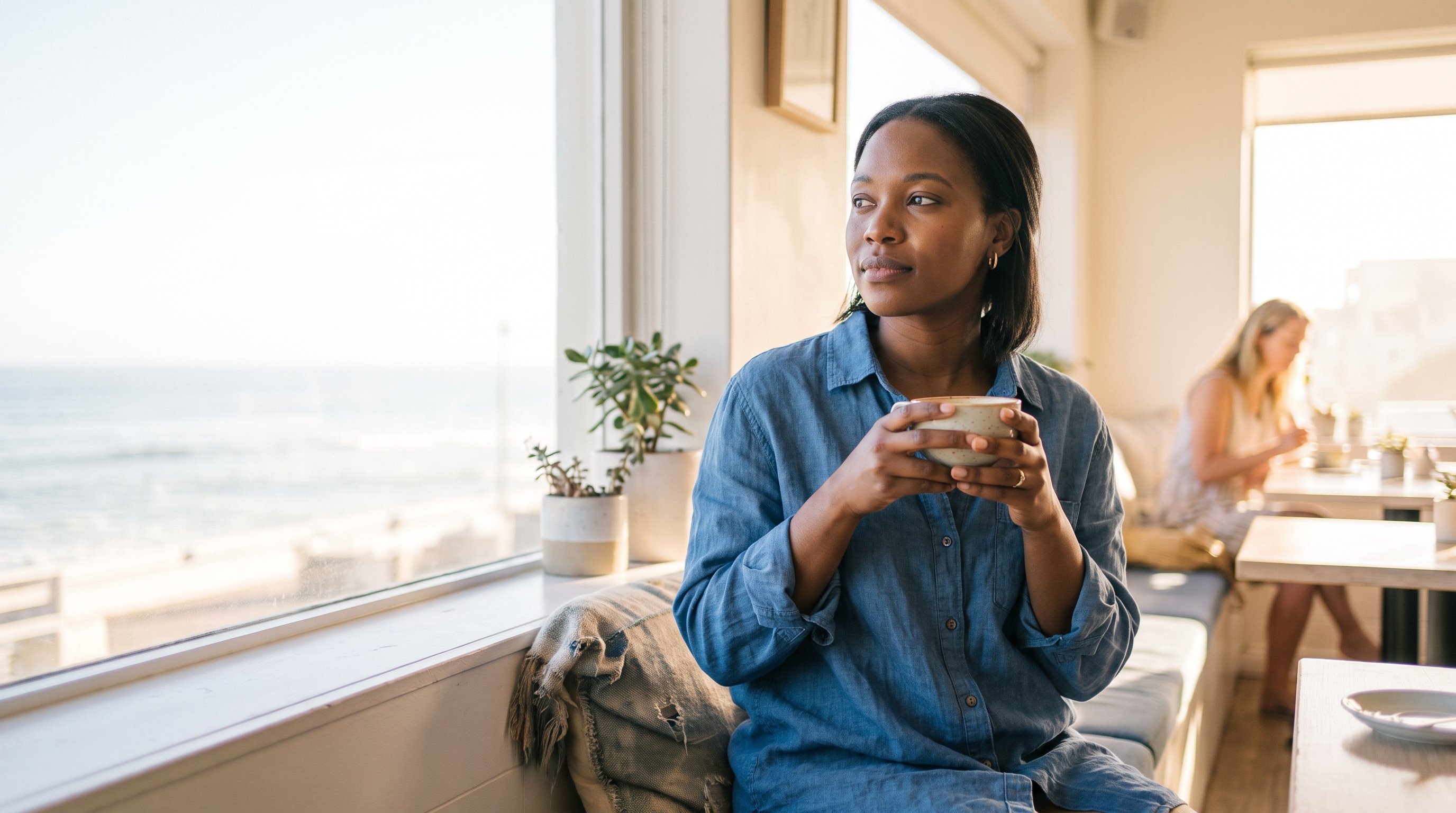 person sitting quietly by a window drinking tea in the morning