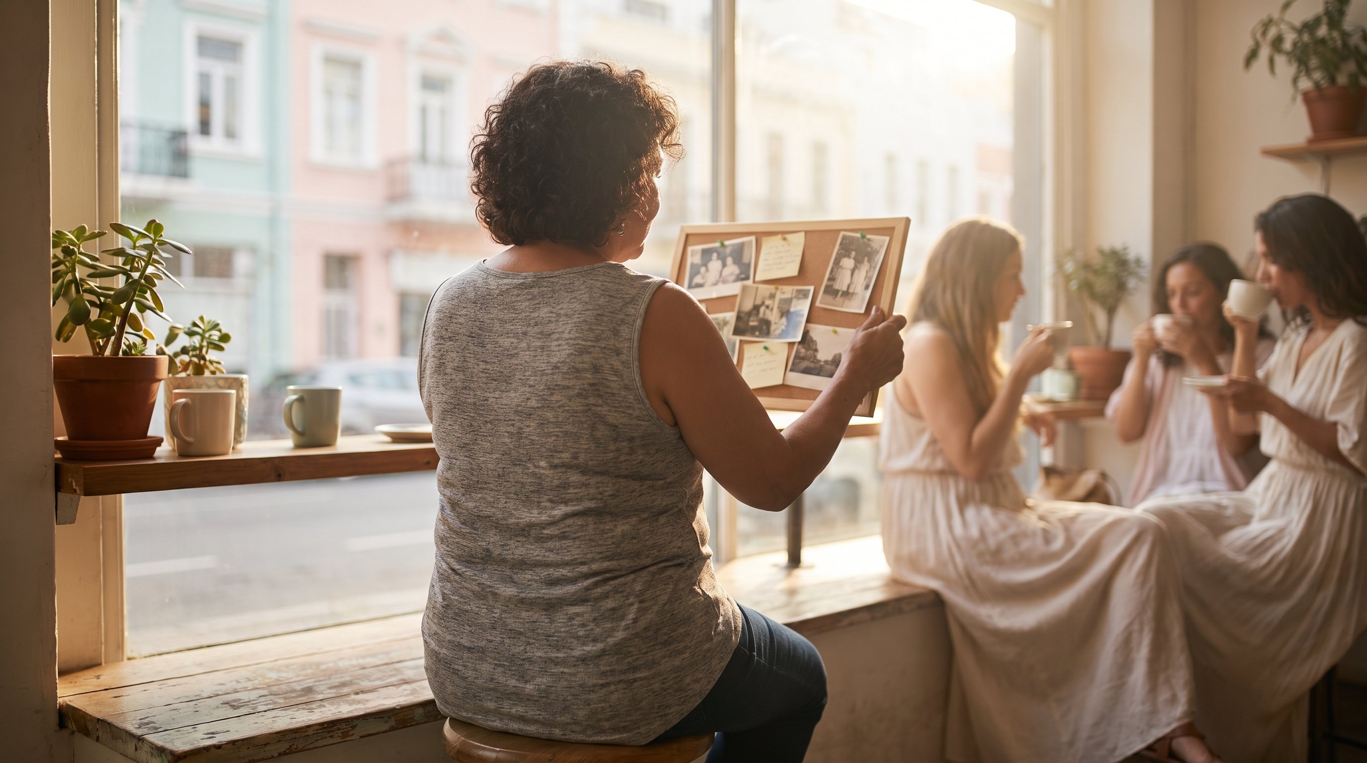 woman pinning photos to a vision board on her bedroom wall