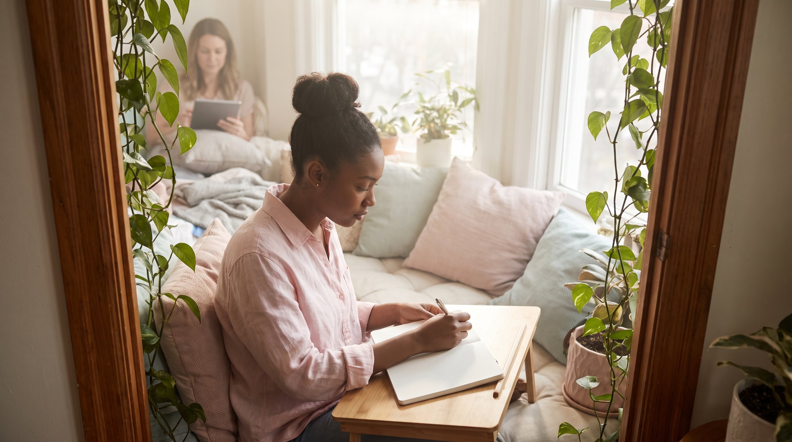 person writing in a notebook after a quiet visualization session