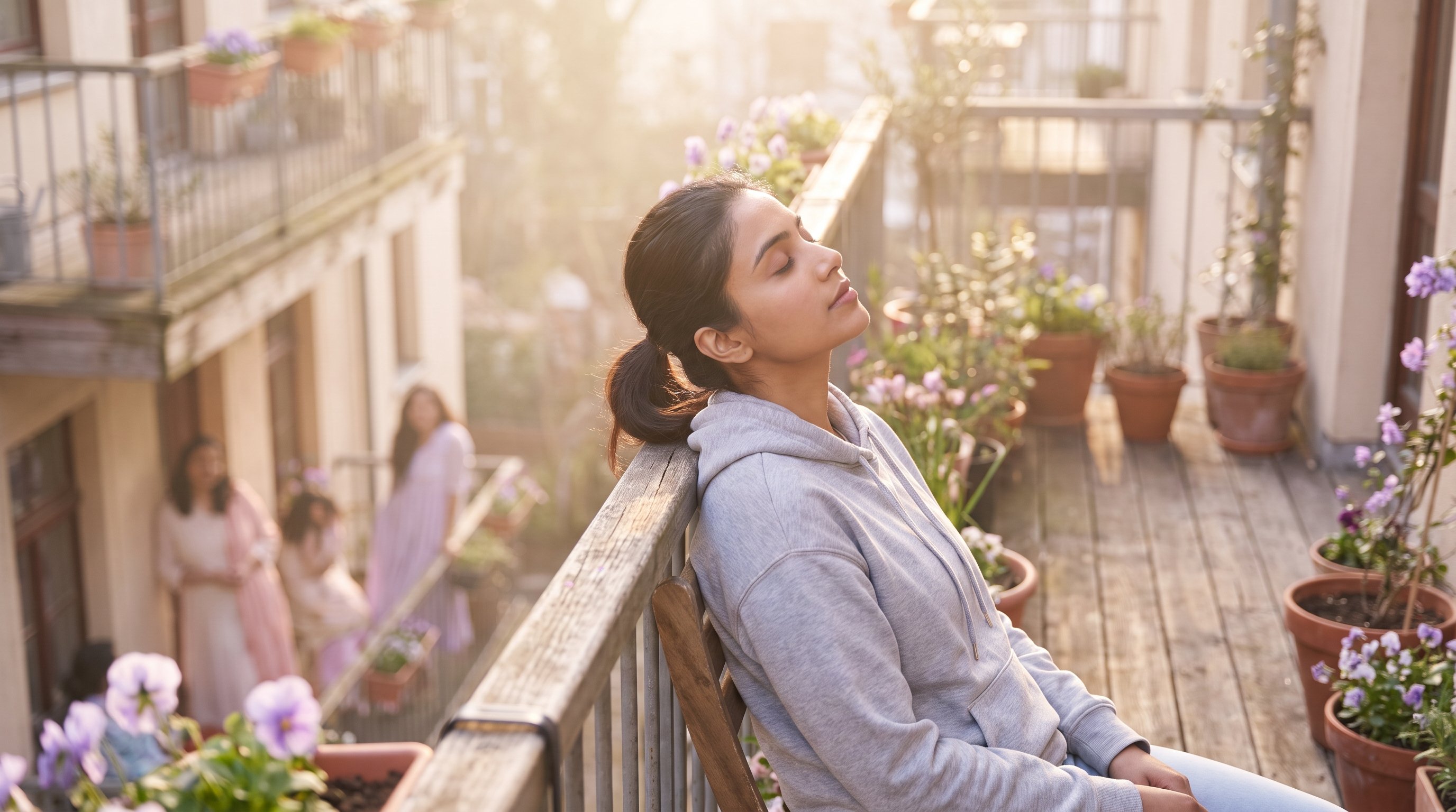 person sitting quietly with eyes closed in soft morning light