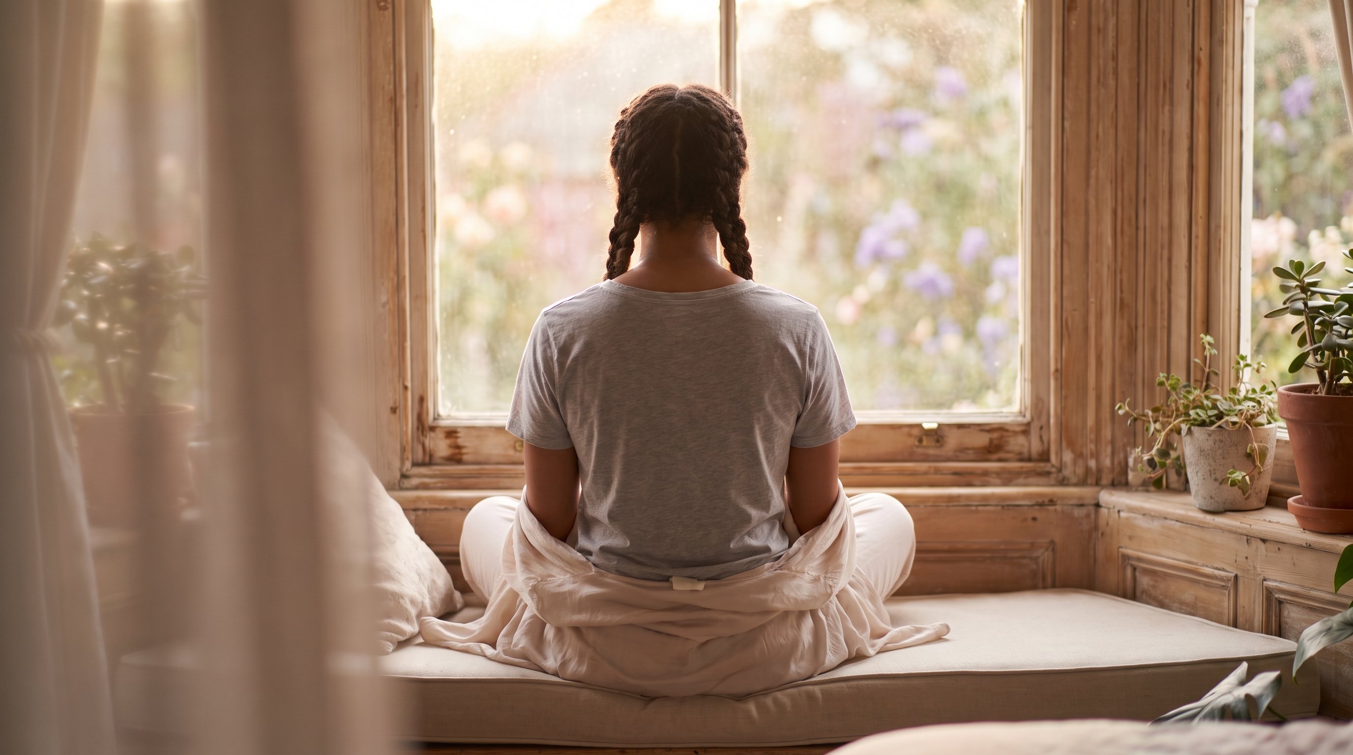 A woman in her late 20s in light flowing clothes in a bright bedroom