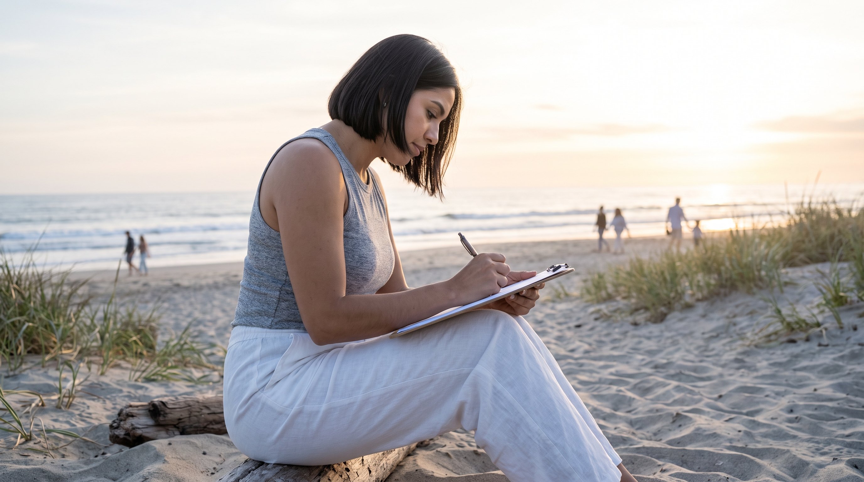A woman in her late 20s in light flowing clothes writing in a journal at sunset