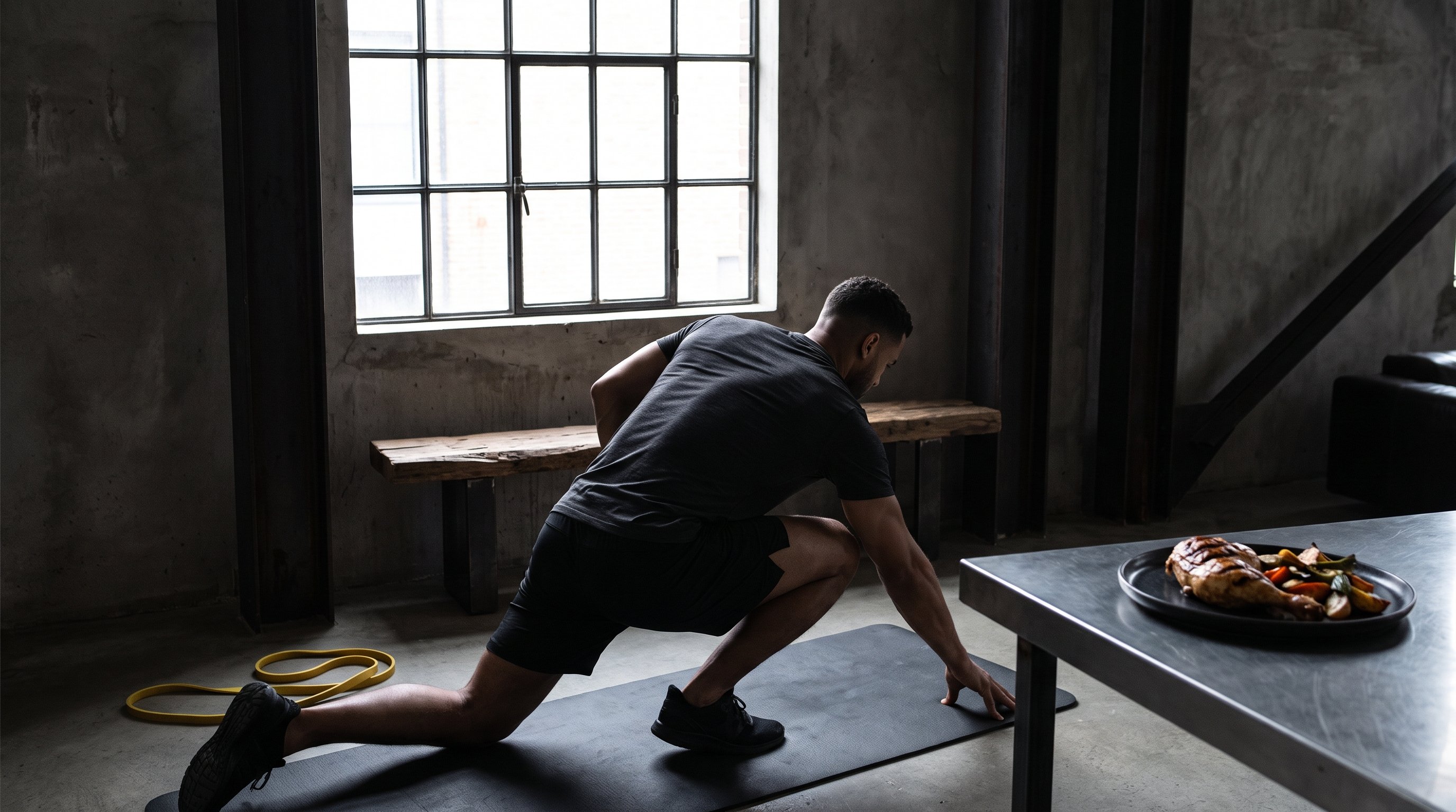 man stretching near window at sunrise