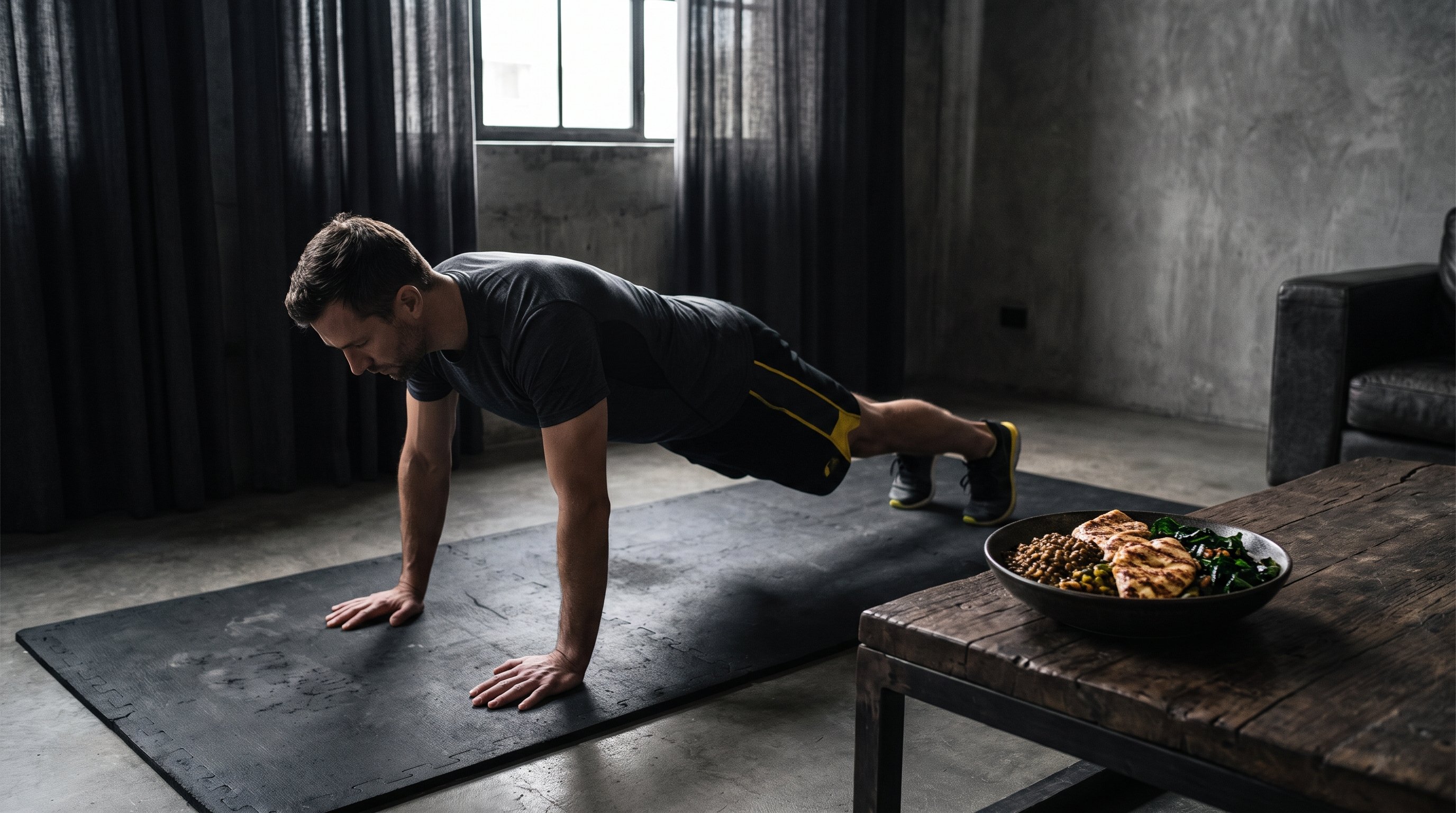 a man in his 30s doing a bodyweight plank workout in his living room