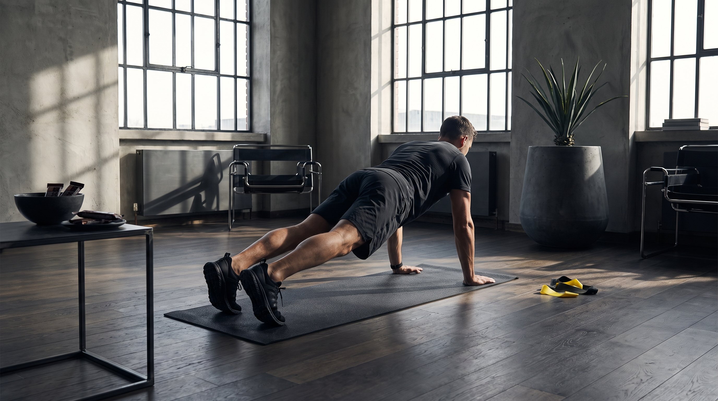 man doing a military-style calisthenics workout at home