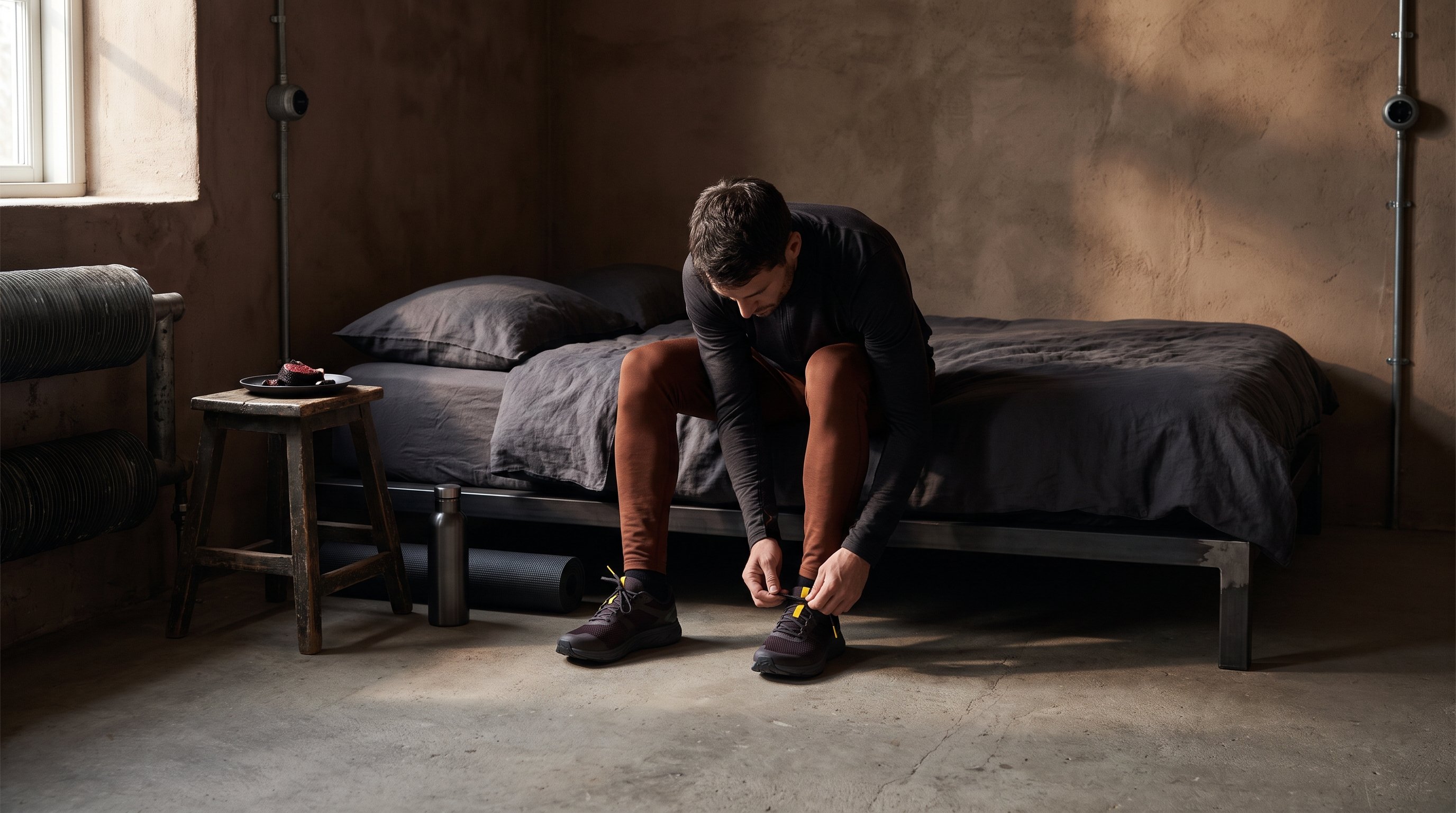 man lacing running shoes