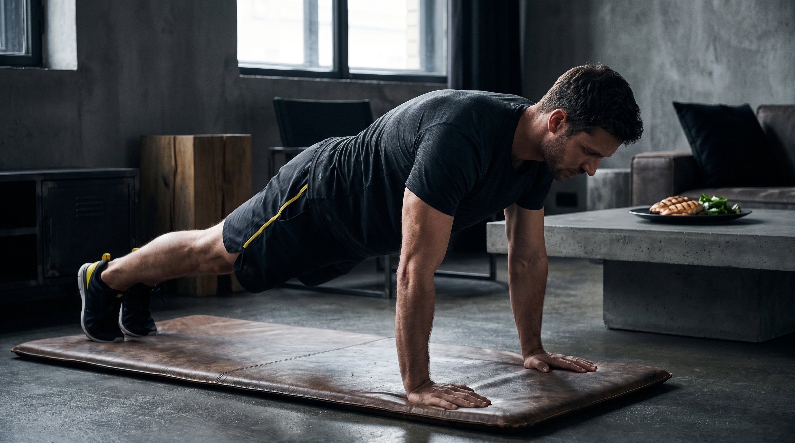 man doing a military-style calisthenics workout at home