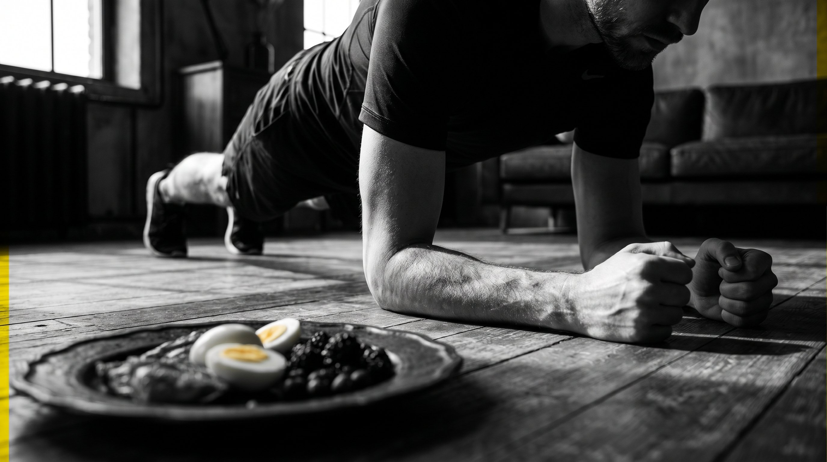 a man in his 30s doing a bodyweight plank workout in his living room