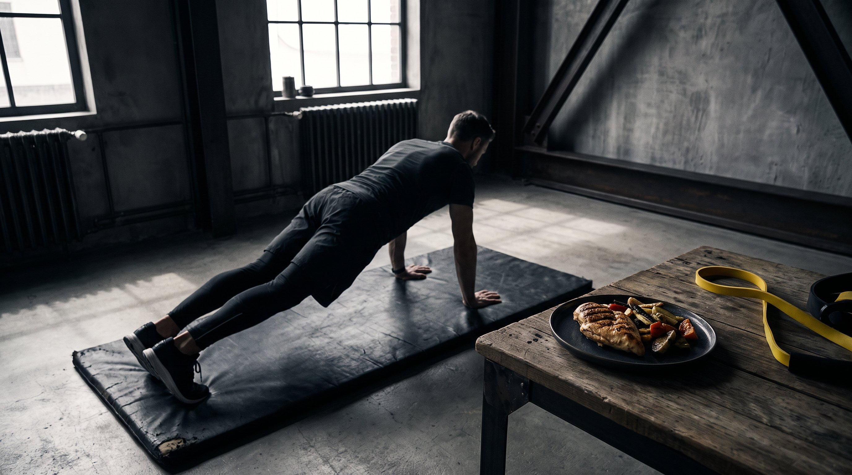 a man in his 30s doing a bodyweight plank workout in his living room