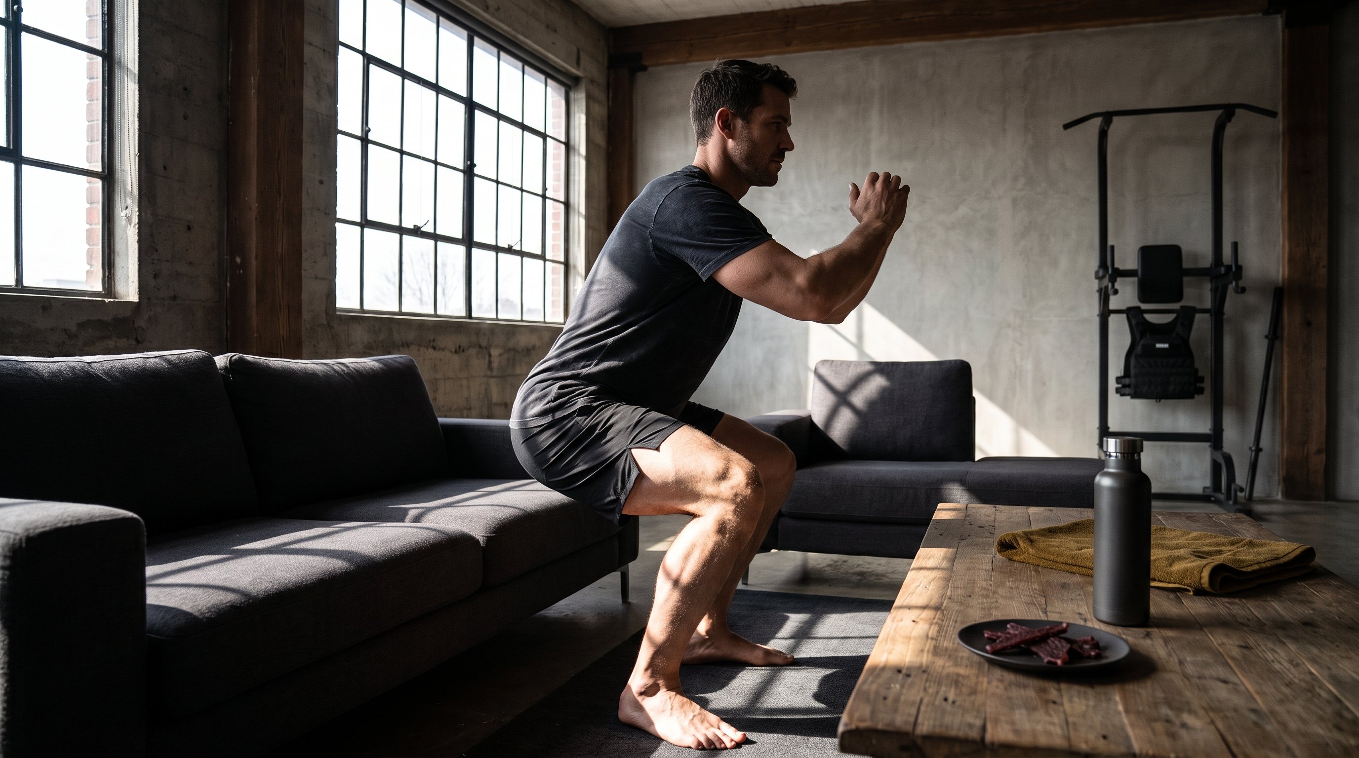 man doing push ups living room