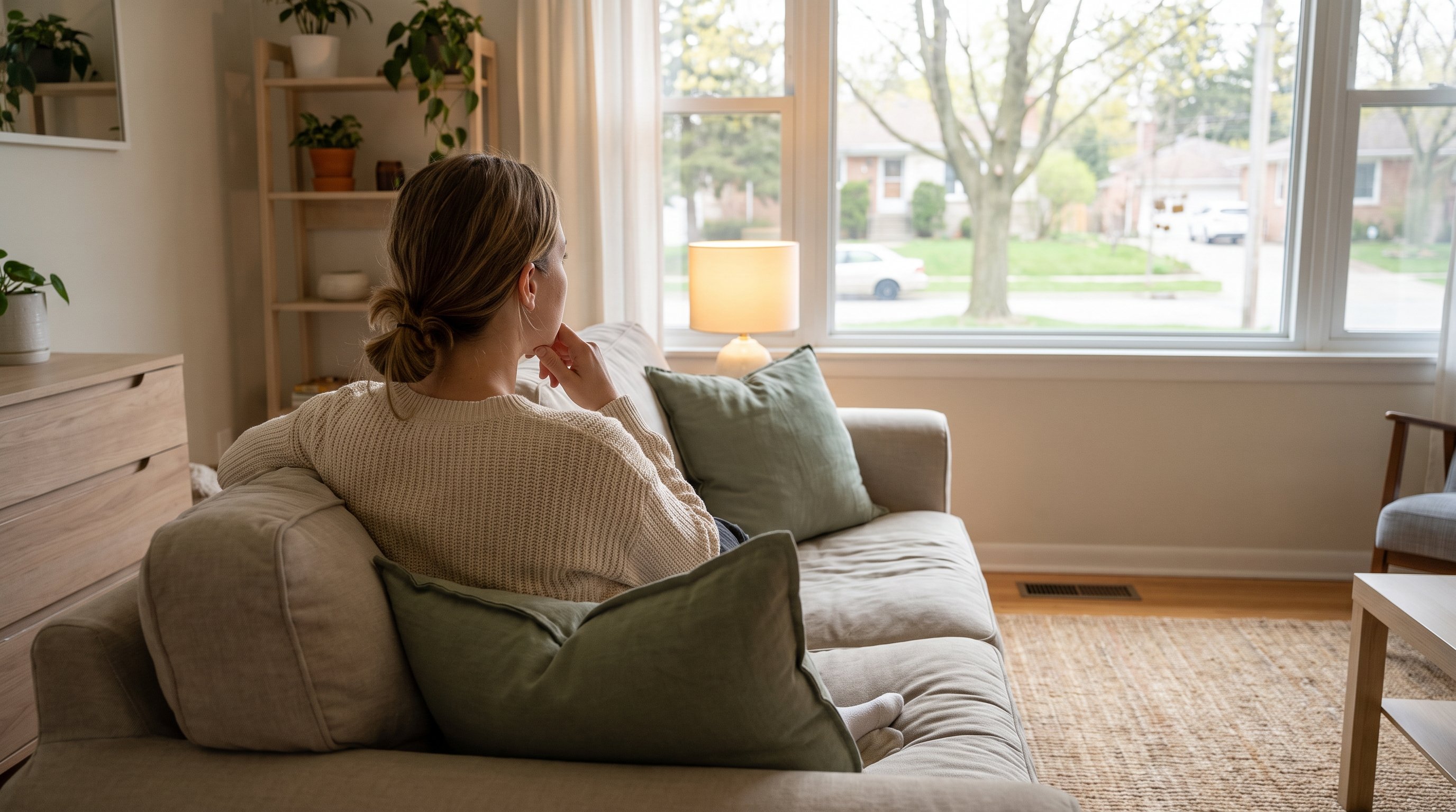 woman closing laptop and looking out a window briefly