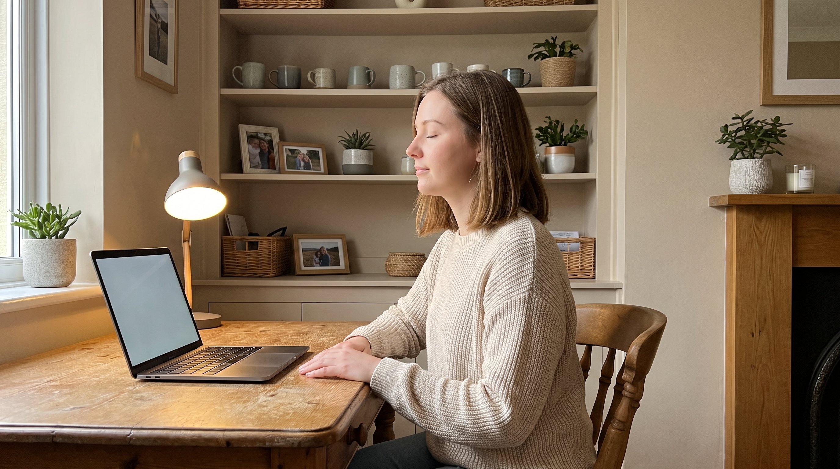 person sitting quietly at a desk with eyes closed person sitting quietly at a desk with eyes closed