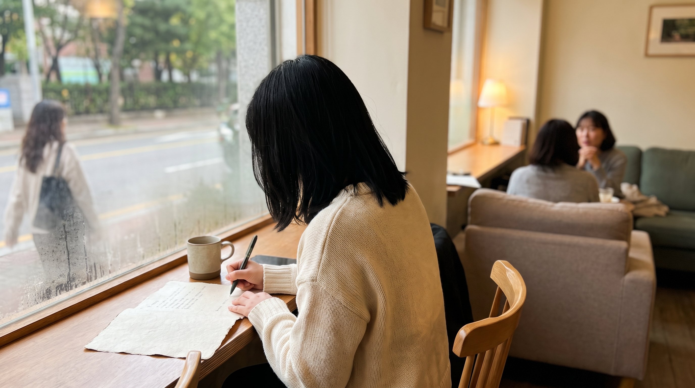 Person writing a short list on a notepad at a kitchen counter in the morning