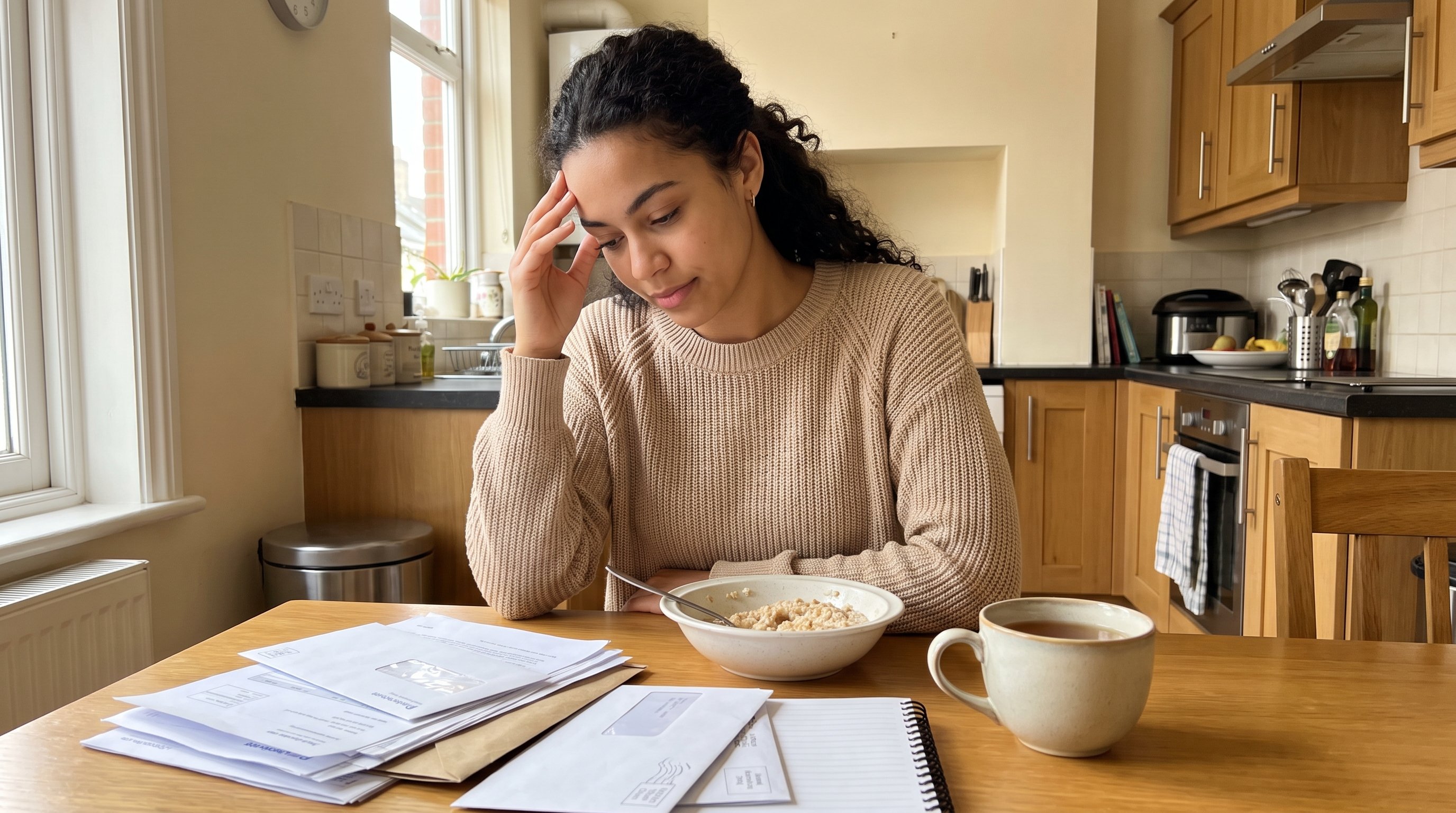 Person staring at two open laptops on a kitchen table, hand on forehead Person staring at two open laptops on a kitchen table, hand on forehead