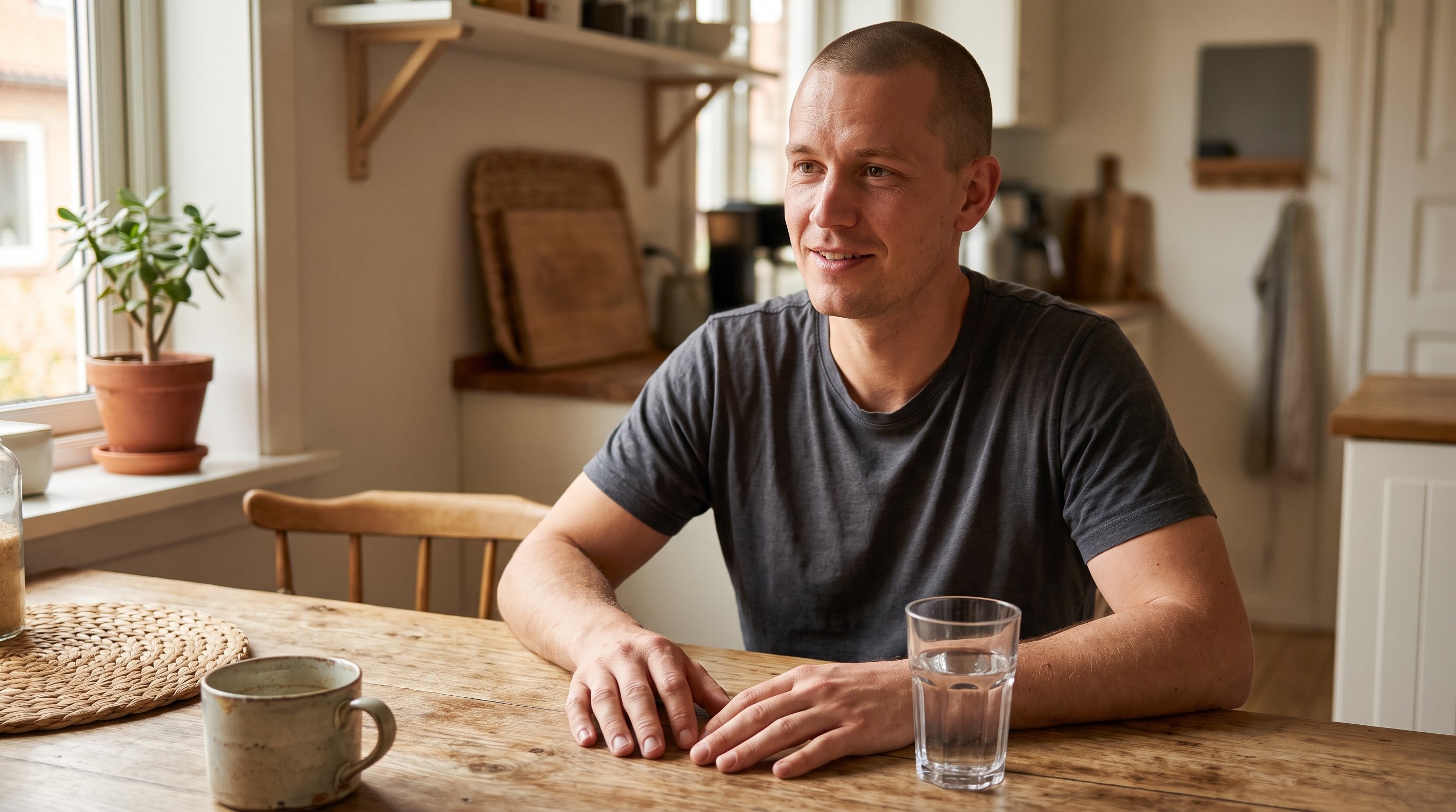 Man writing in a small notebook at a kitchen table in the morning