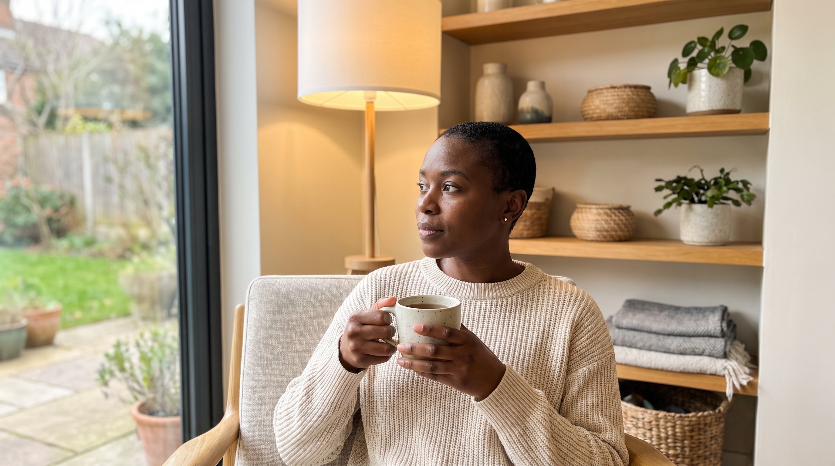 Woman sitting quietly by a window holding a cup of tea