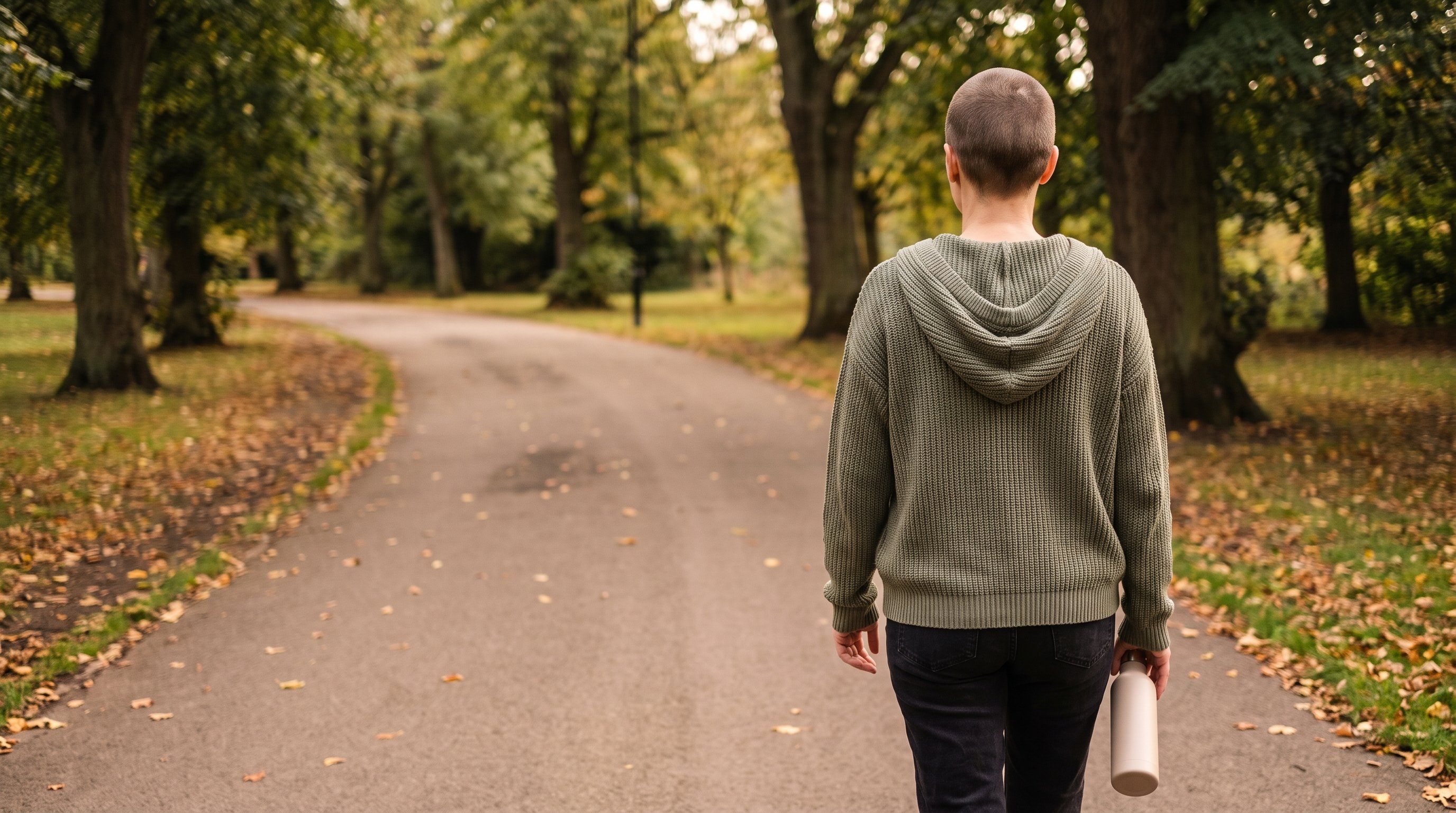 Person walking outside with headphones during a short break from work