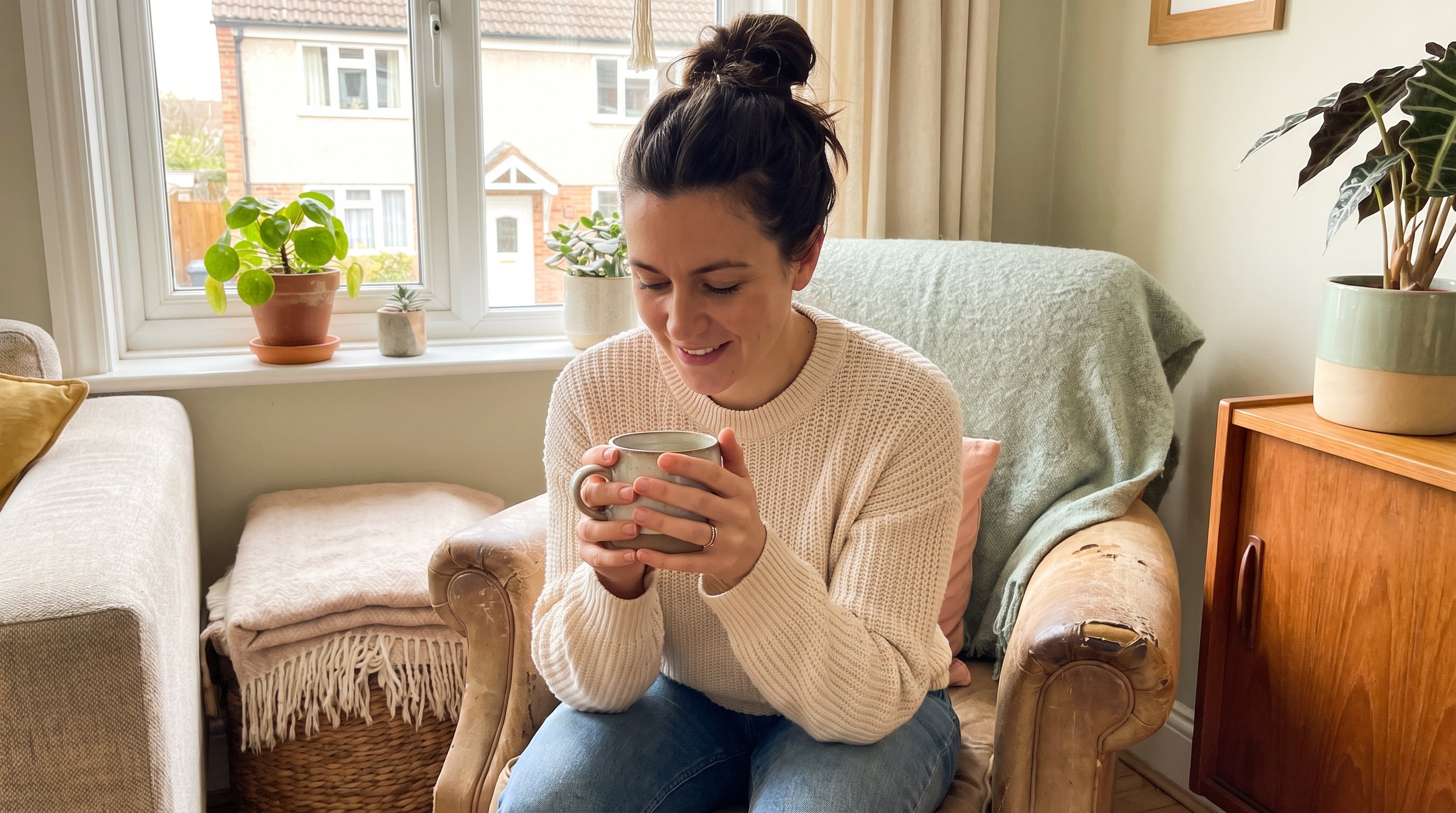 Person sitting quietly with tea by a window at sunrise