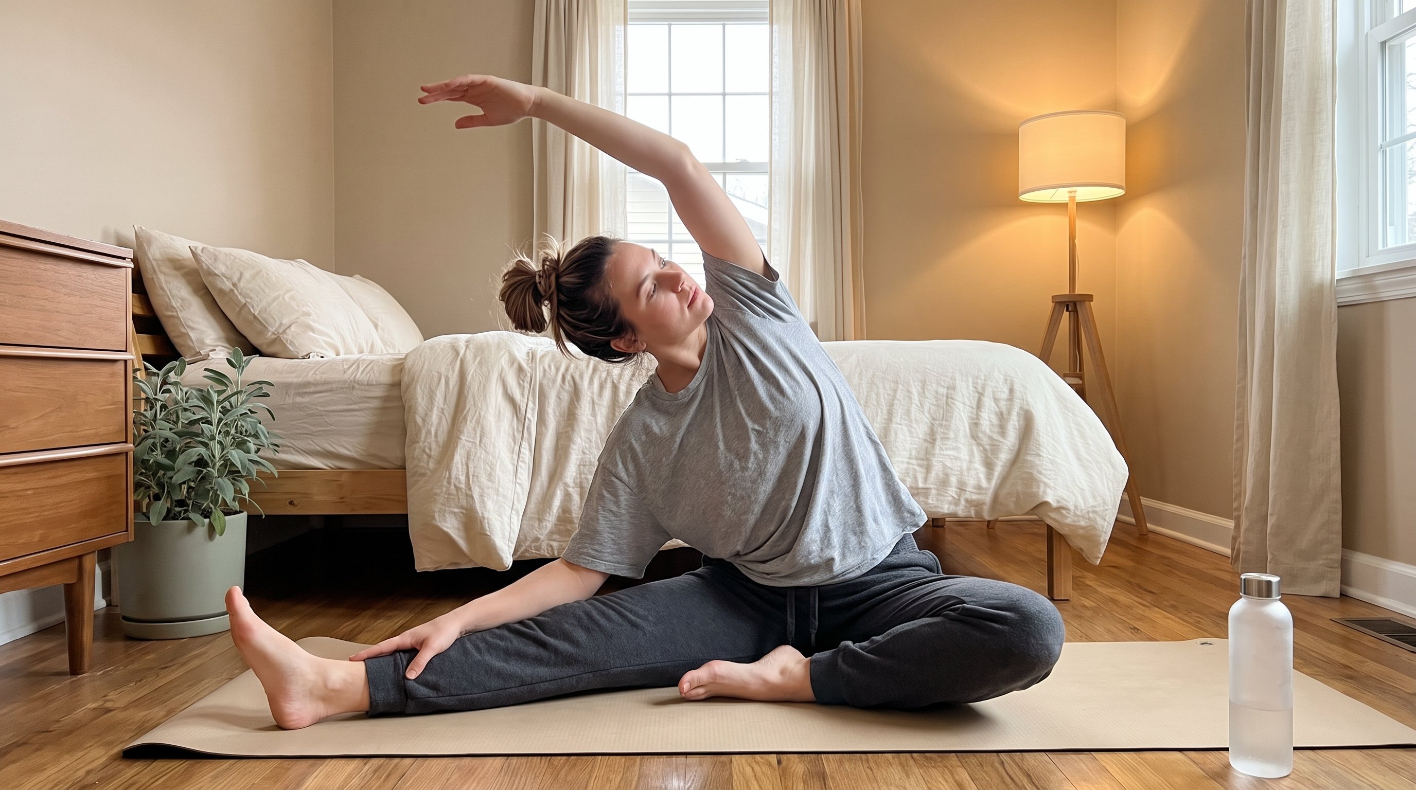 Woman stretching on a yoga mat in a sunlit living room before work