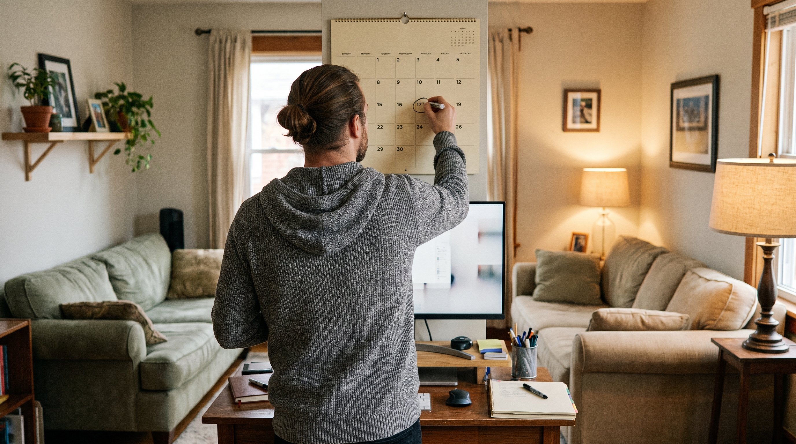 person placing a checkmark on a wall calendar in the morning