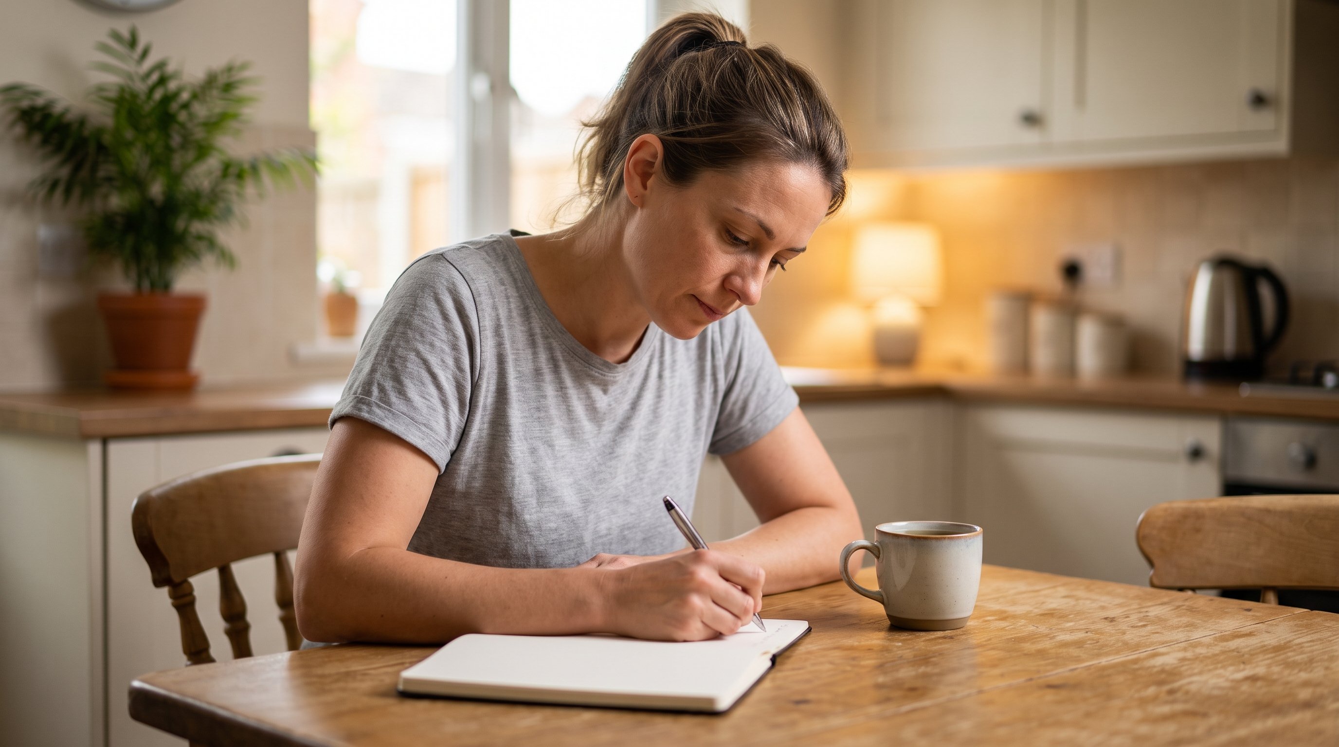 person writing in notebook at kitchen table in morning light