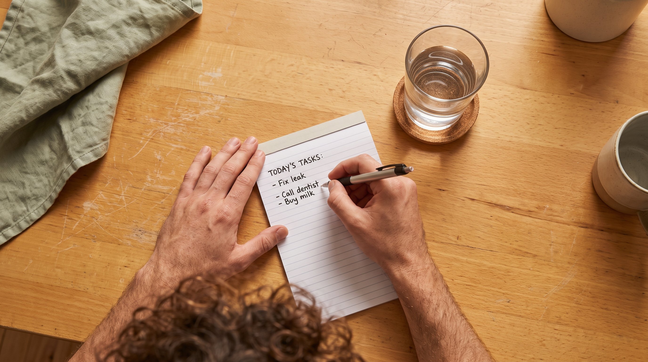 person writing a short daily checklist at a desk