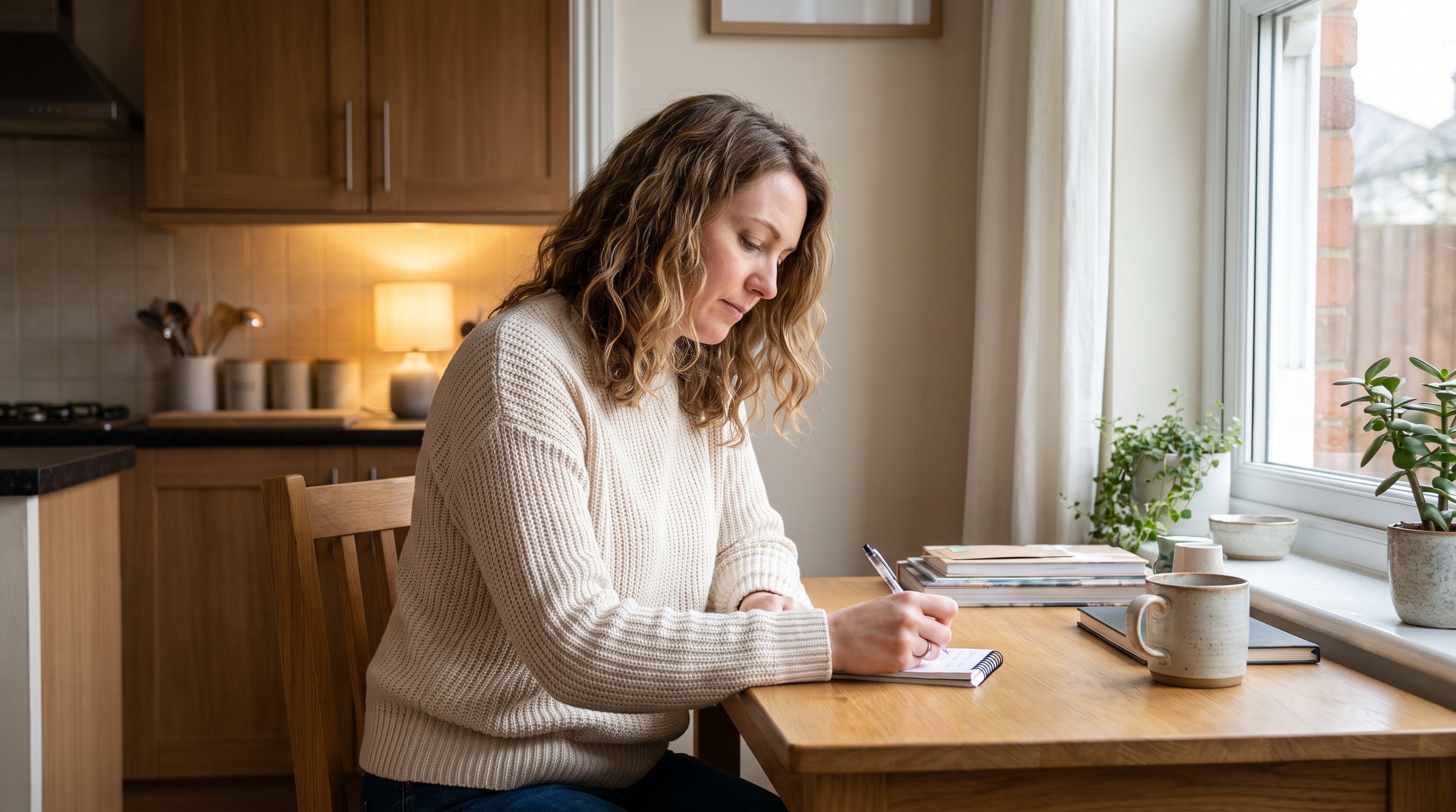 person writing three lines in a small notebook by a window