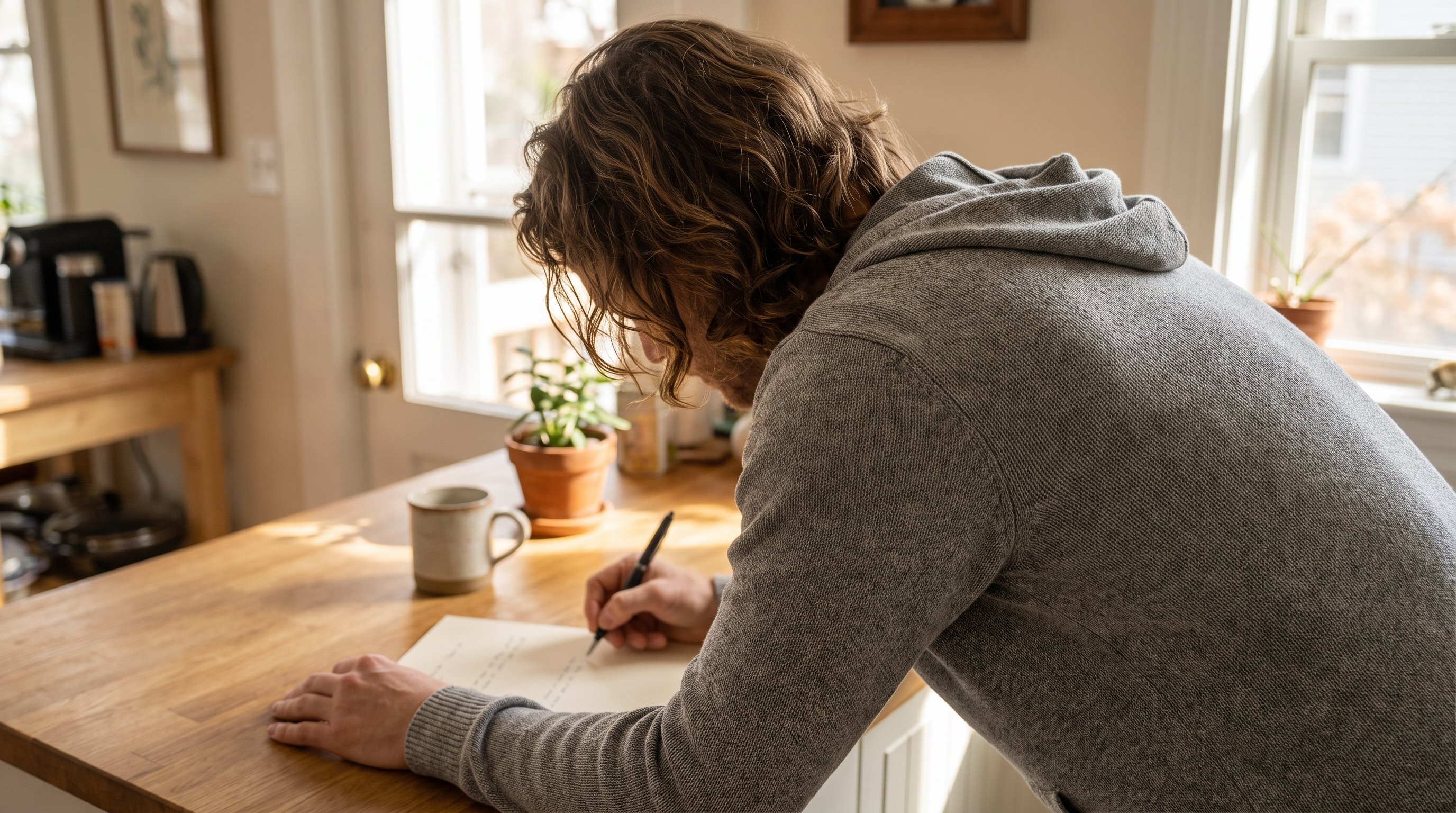 tired person pausing at a kitchen counter to jot a short note