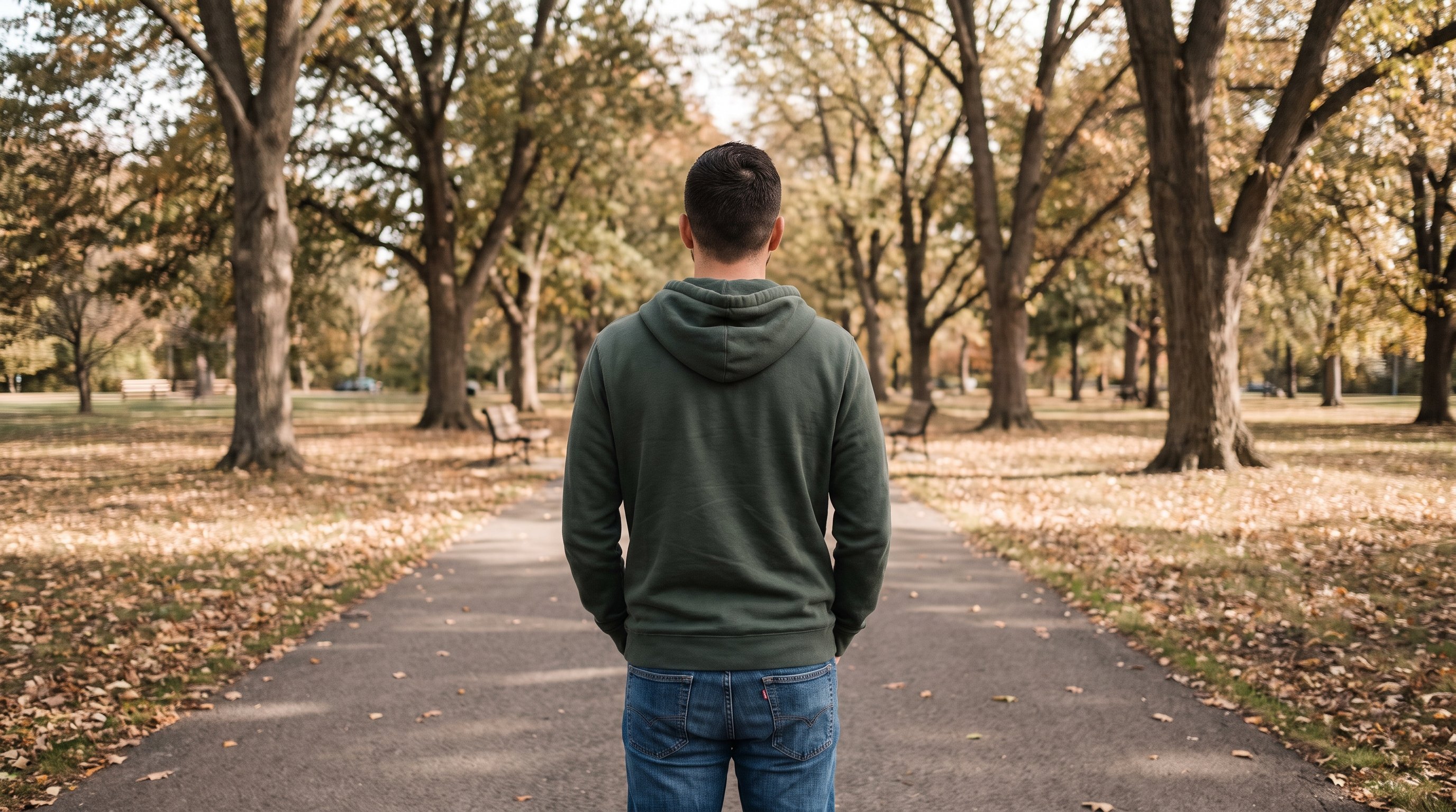 Person pausing on a walking path in a park, hands in pockets