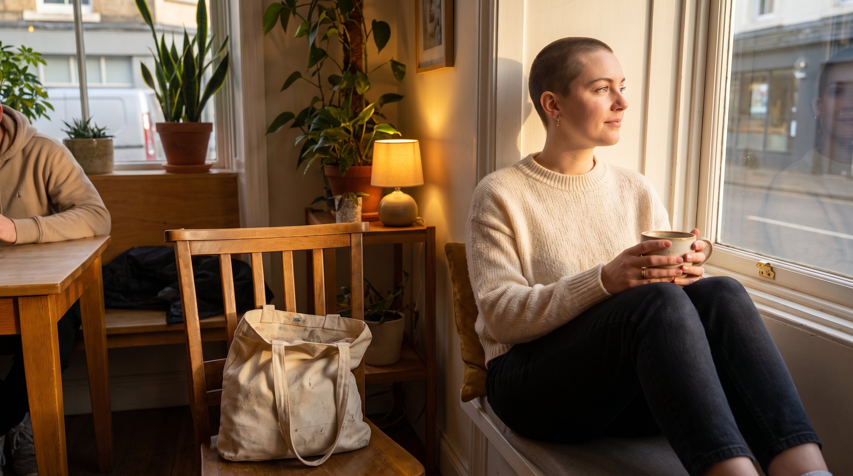 A woman in her late 20s in a soft knit in a cozy living room
