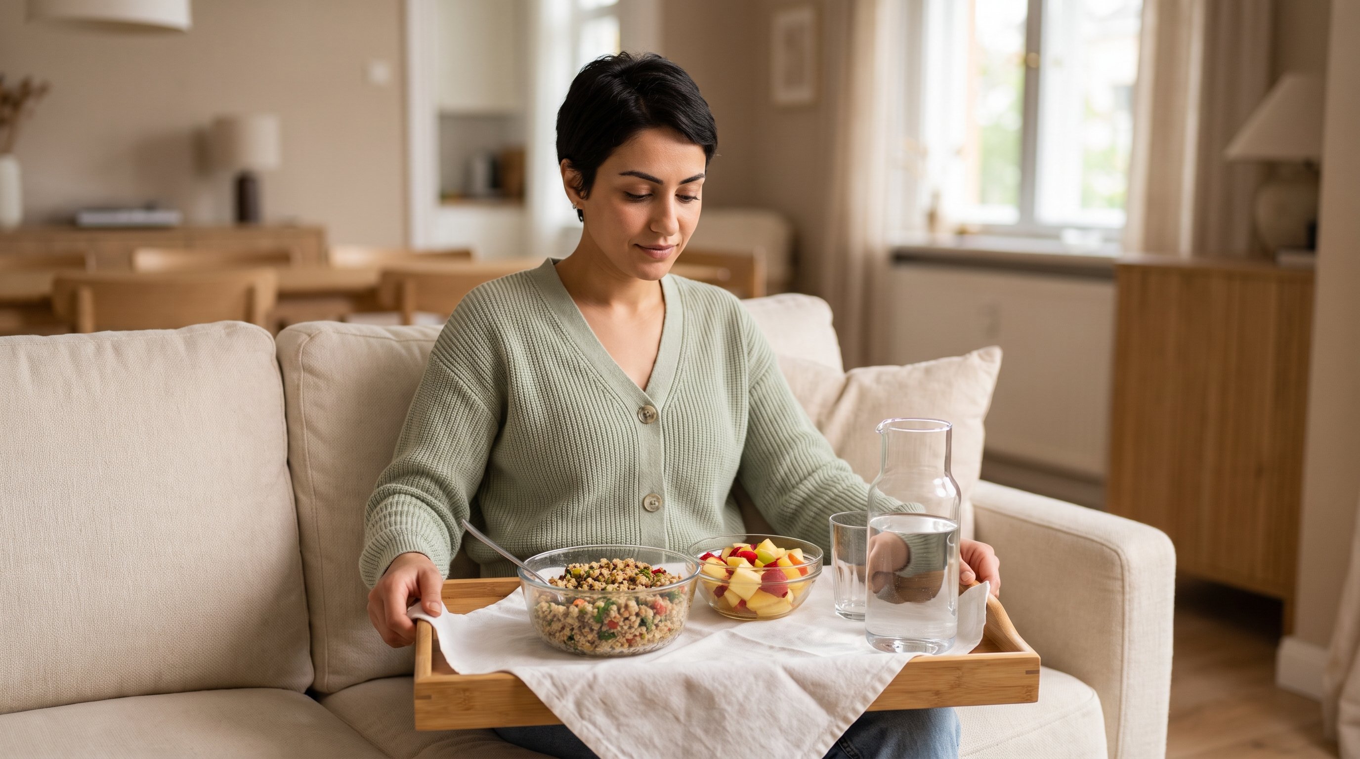 A woman in her late 20s in a soft knit at a kitchen table