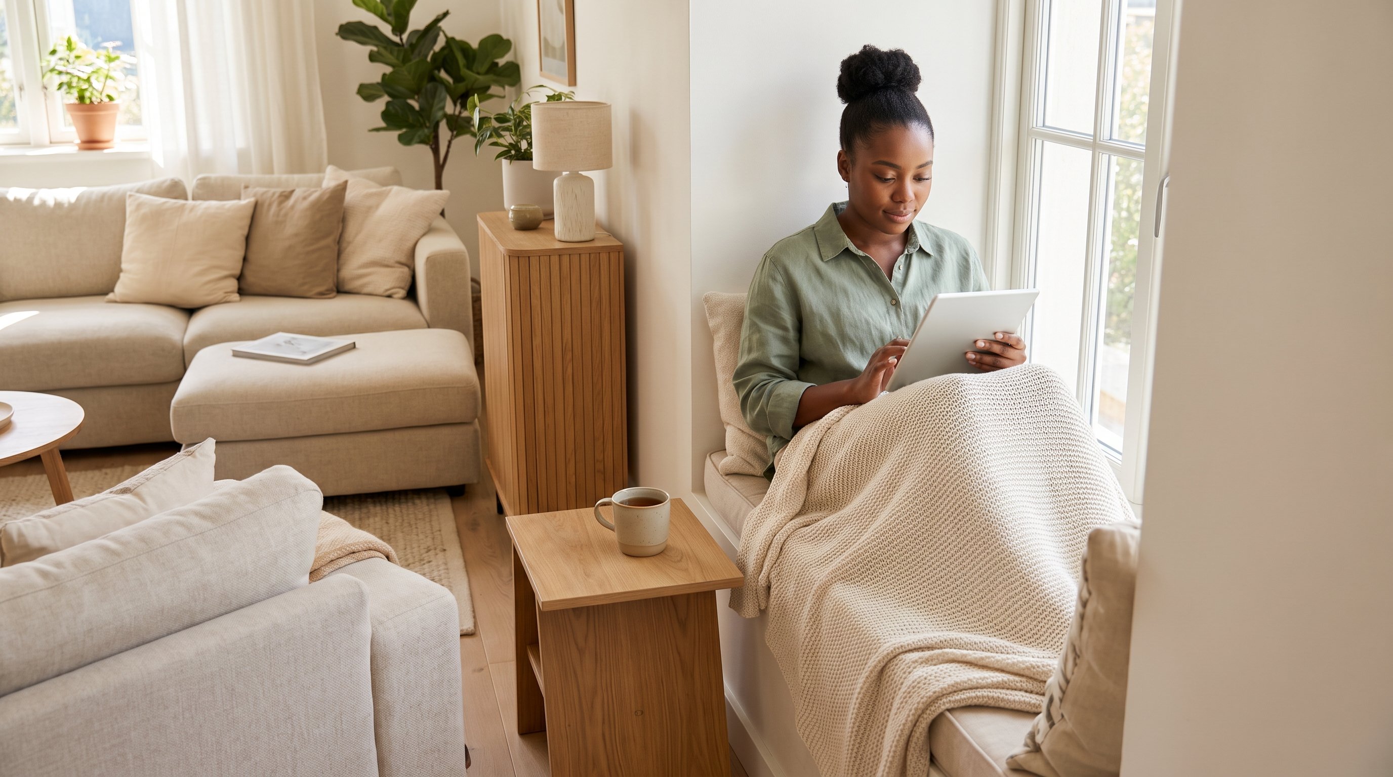 A woman in her late 20s in a soft knit reading in a window seat with a blanket