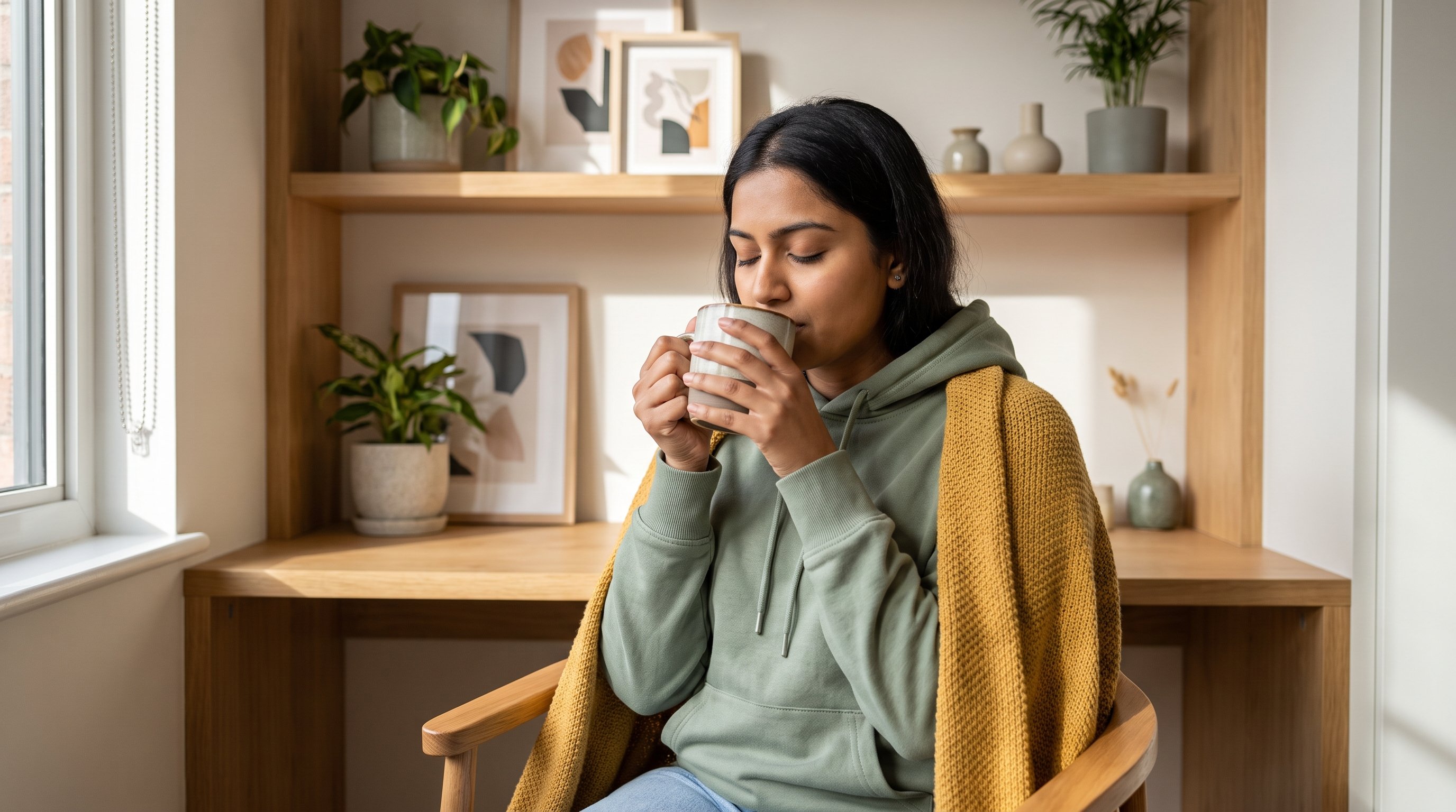 A woman in her late 20s in a soft knit sitting on the sofa with a mug of tea and her eyes closed
