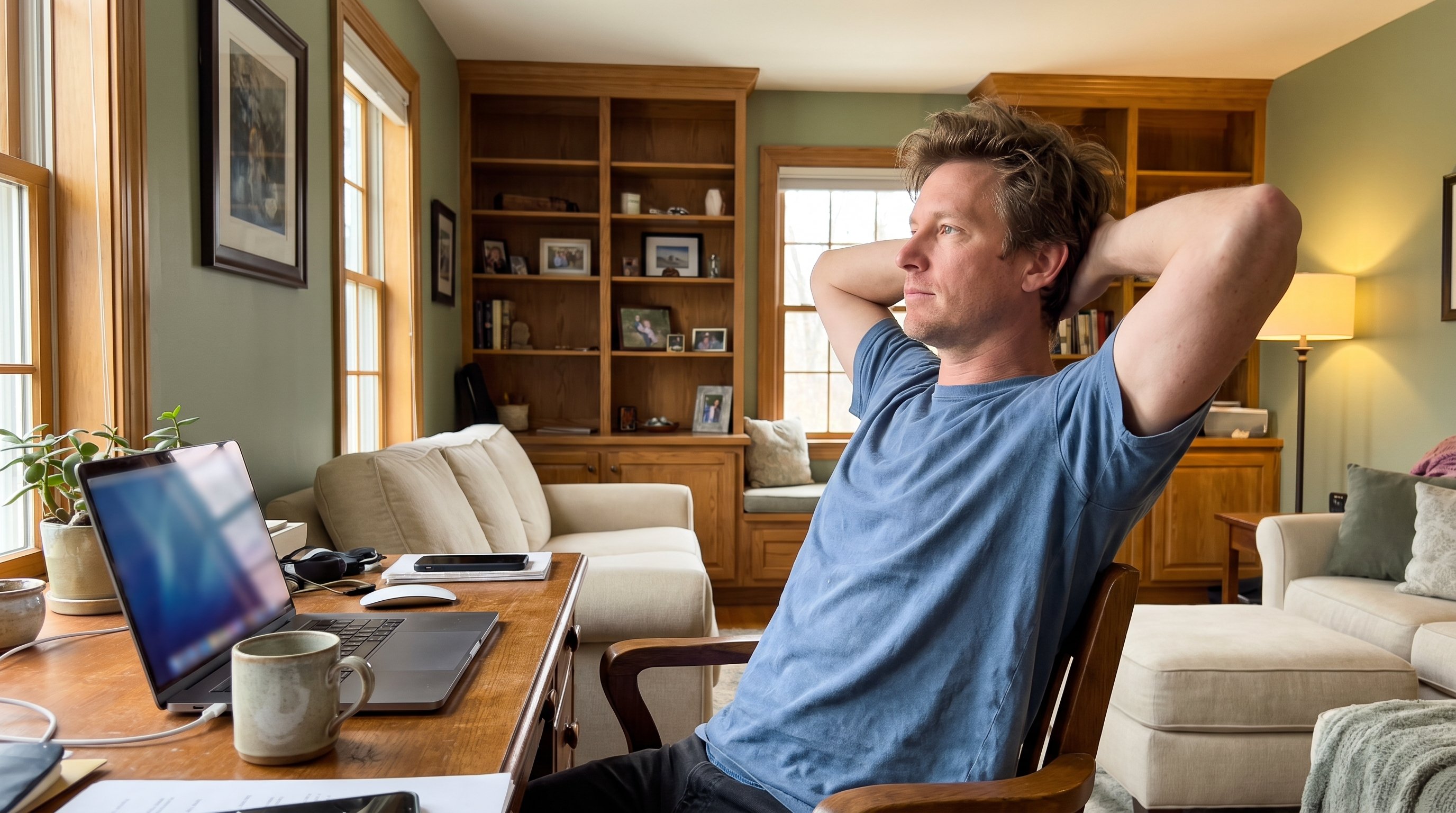 Young adult pausing at a desk with hands resting on a laptop