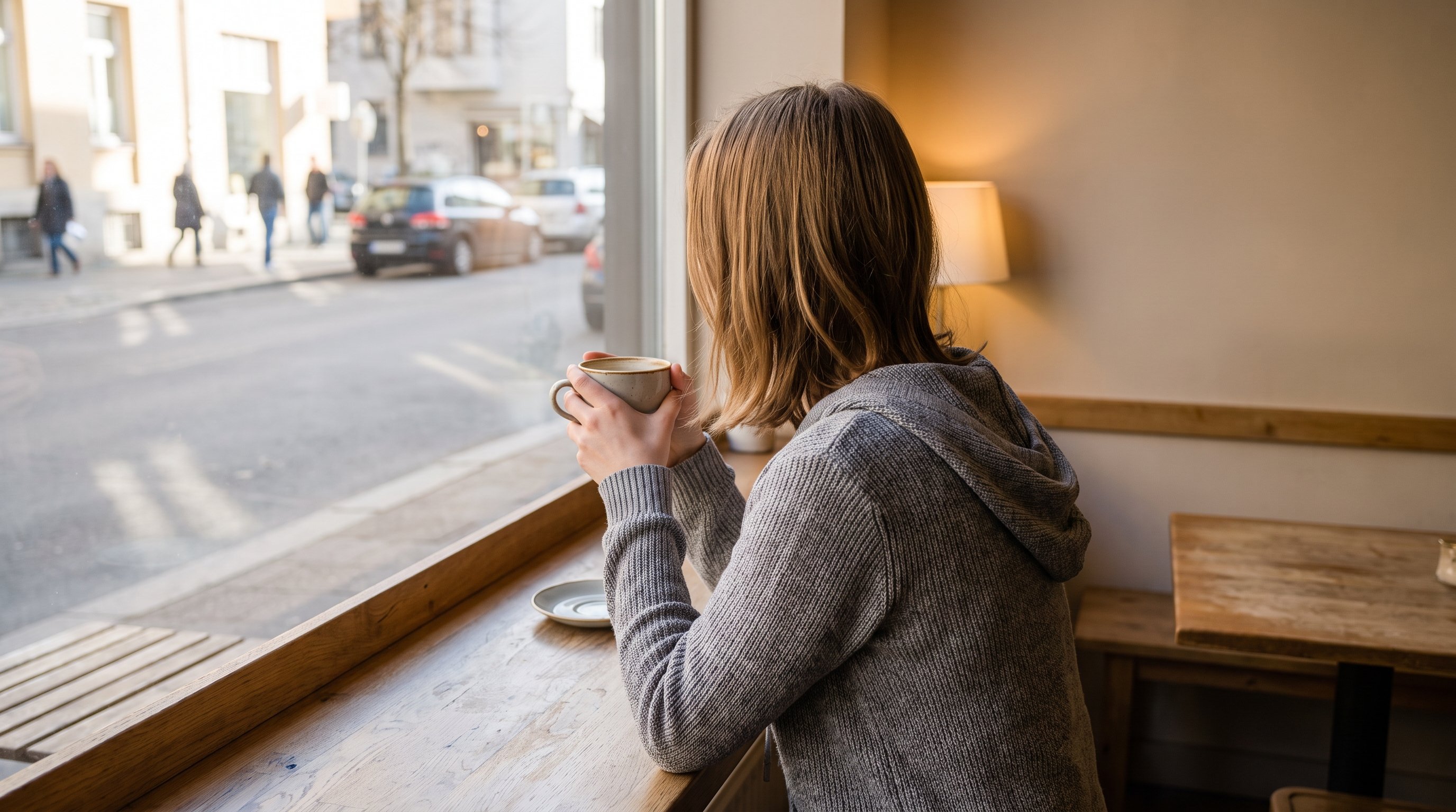 Person staring out a rainy window holding a cup of tea