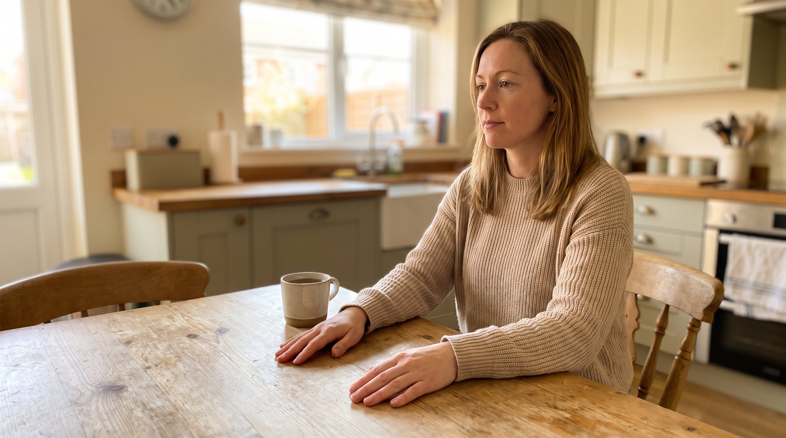 Person sitting quietly at a kitchen table with a closed notebook