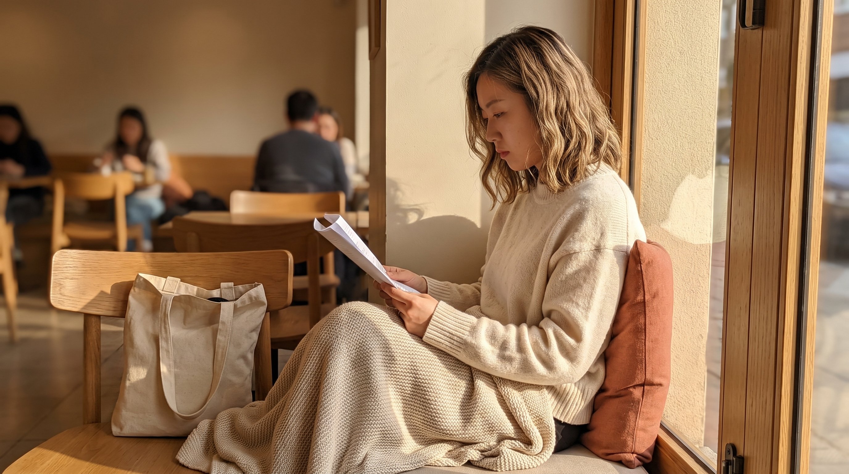 A woman in her late 20s in a soft knit reading in a window seat with a blanket