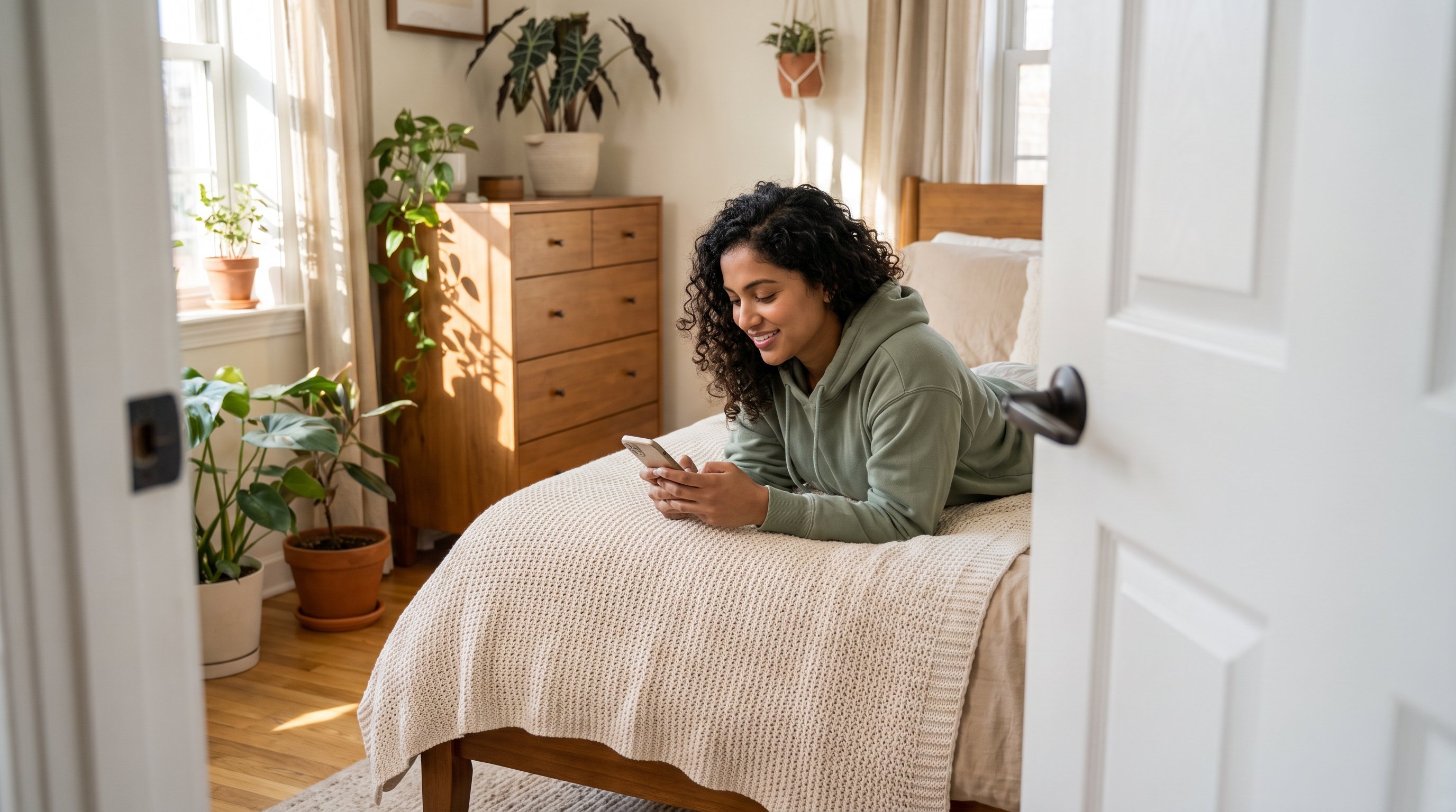 A woman in her late 20s in a soft knit relaxing in a cozy living room