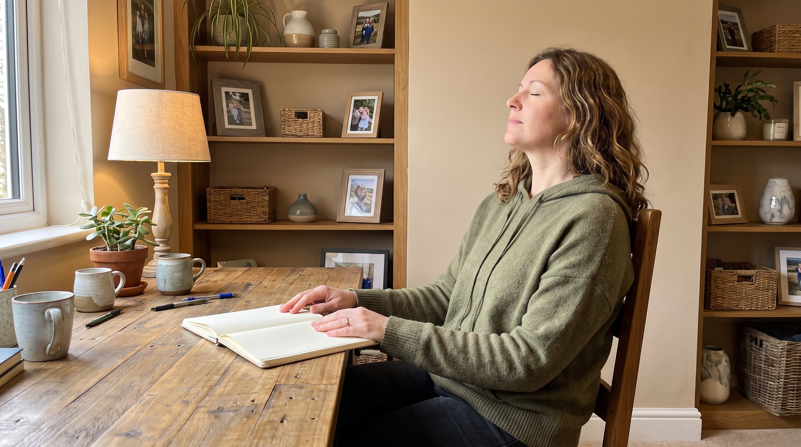 person pausing to breathe at their desk